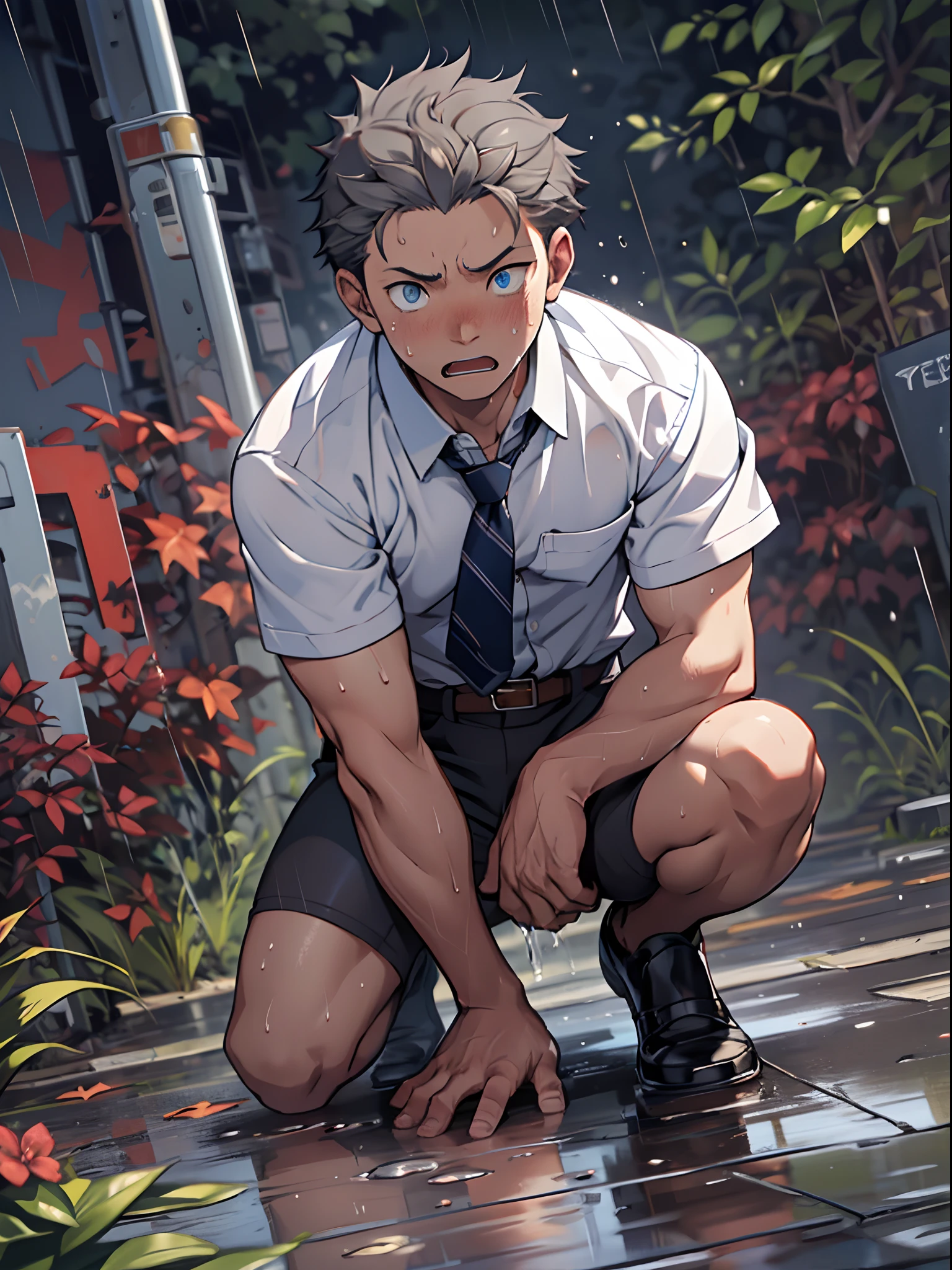 （1 Adult male），A high resolution， Sharp focus， Pixiv masterpiece， （（Complicated details））， highly  detailed， natsuki_subaru， 1 man，Defeat， crestfallen，full bodyesbian，kneels on the ground， Sweaty crotch，Pee on the legs，pissing，Urine runs down the thighs，embarressed，exhilarated，is shocked，panicking，worry，A small puddle of their own urine forms around the feet，Urine runs down the crotch，Drenched，rain，The shirt is soaked，（A gesture of pleading），blue color eyes（eyes glowing）， Short gray hair，white  shirt，Wear a tie，Wear a belt，perspire，look from down