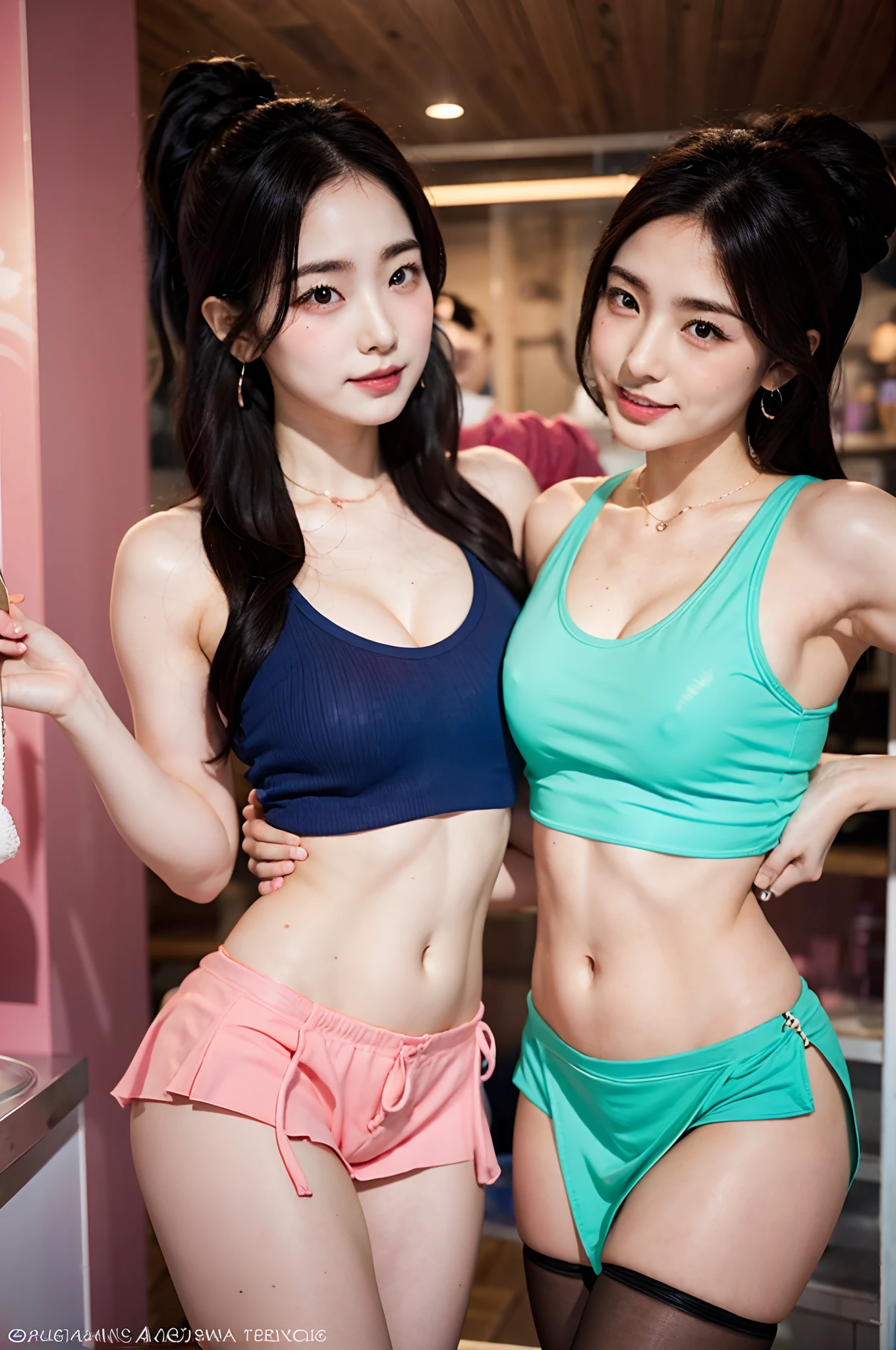 2 women having fun in the ice cream shop, lewd:1,2, hentai:1,2, NSFW:1,2, lesbian yuri:1,2, kissing, blushing, wearing tank tops and pleated miniskirts,