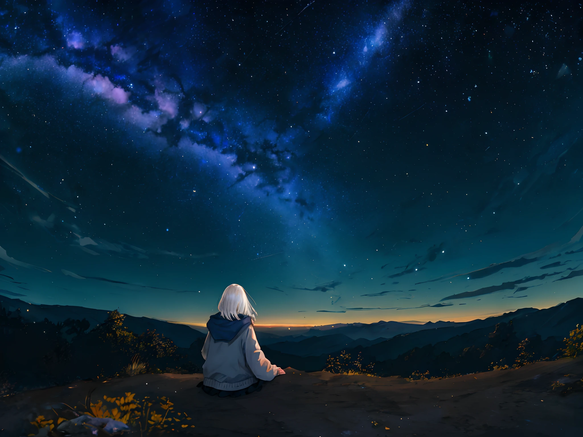 1 girl sitting on the hill，Gaze at the vibrant night sky of meteors，ln the forest，With his back to the camera，He has long flowing white hair，glowworm，The sky is full of stars，astrophotography，Atmospheric moonshine，high light，distant city，The picture is warm and cold，，Fluorescent dots，，The sky is shining brightly，The girl is surrounded by stars