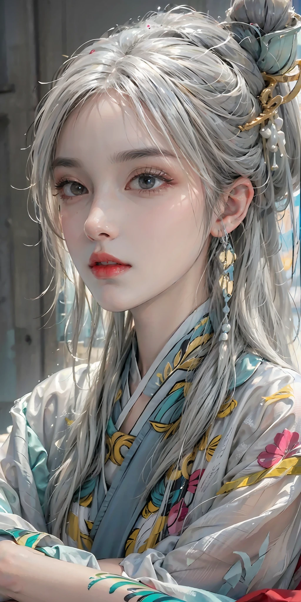 photorealistic, high resolution, soft light,1women, solo, hips up, (detailed face), silver hair, ru_qun, colorful hanfu tattoo, jewelry