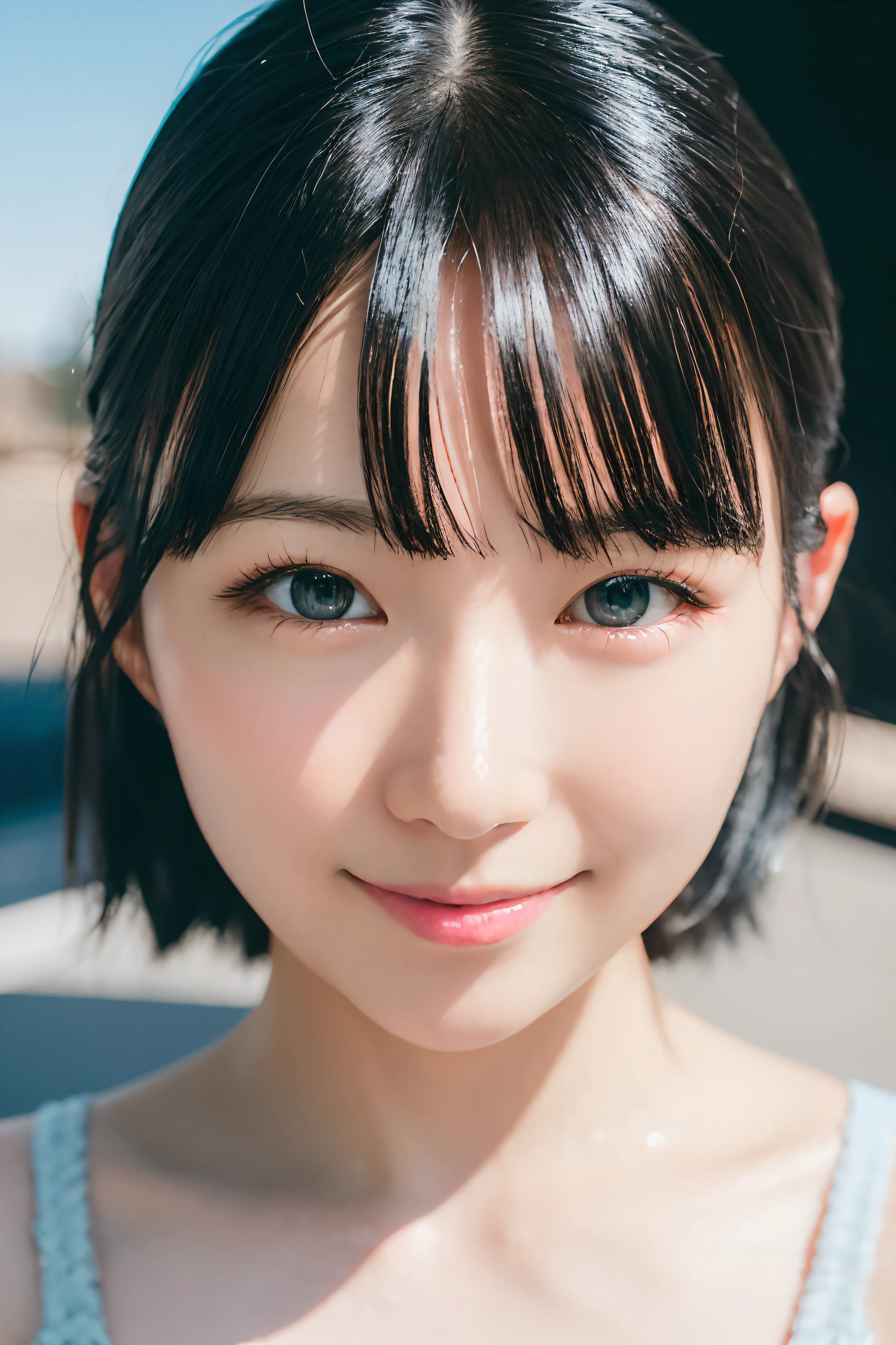 Black hair, hair bobbles, wince, longeyelashes, Solid Circle Eyes, lightsmile, ear blush, surrealism, drop shadow, anaglyph, stereograms, Tachi-e, POV, Atmospheric perspective, 8K, Super Detail, ccurate, Best Quality