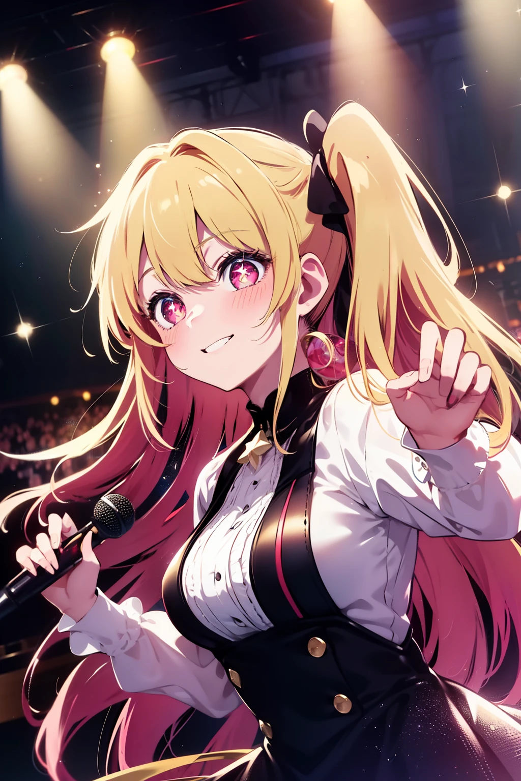 1girl, solo, Hoshino Ruby, symbol-shaped pupils, (left star-shaped pupils:1.2), sparkling eyes, (star in left eye:1.2), symbol in eye, red eyes, long hair, blonde hair, bangs, blush, (side ponytail:1.1), (dress:1.2), on the stage, idol, dancing, spotlight, smile, (masterpiece:1.2), highres, best quality, 8k, very clear,