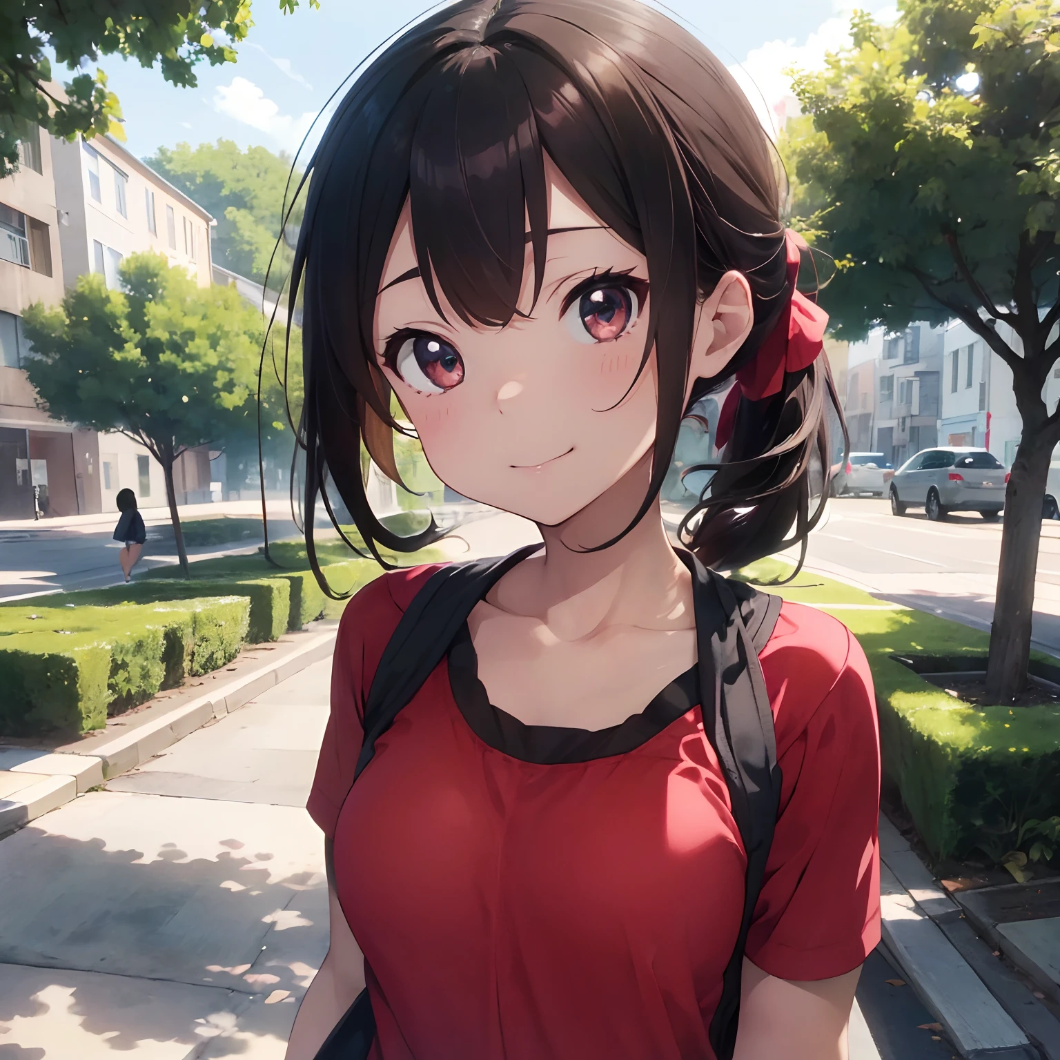 masutepiece, Best Quality, 8K_Wallpaper, (Beautiful eyes), ((Cute)), Cute, (lovely), (Park on a sunny day),1girl in,small tits,1 schoolgirl,Standing Girl,Smile,facial close-up、portlate(((Do a marathon)))、(((Jogging)))、((Red jersey))、