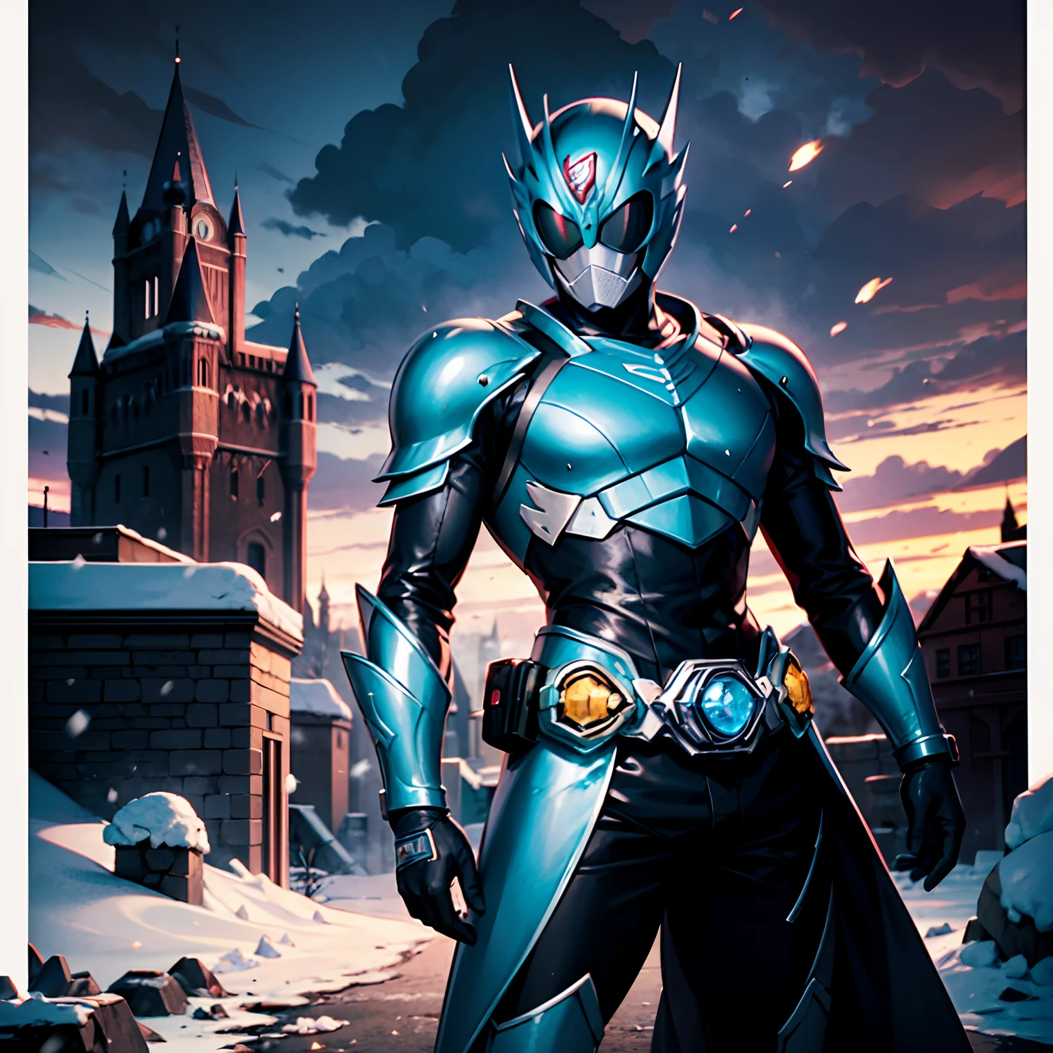 Cool Kamen Rider，Red burning composite armor cover，Blue eyes flashed coldly，blood spatter。merciless，The icy castle rises in the moonlight，Ruins intertwined with snow and ice。style of anime，Cinematic lighting，Precise details，High-quality graphics，A masterpiece，best quality wallpaper。