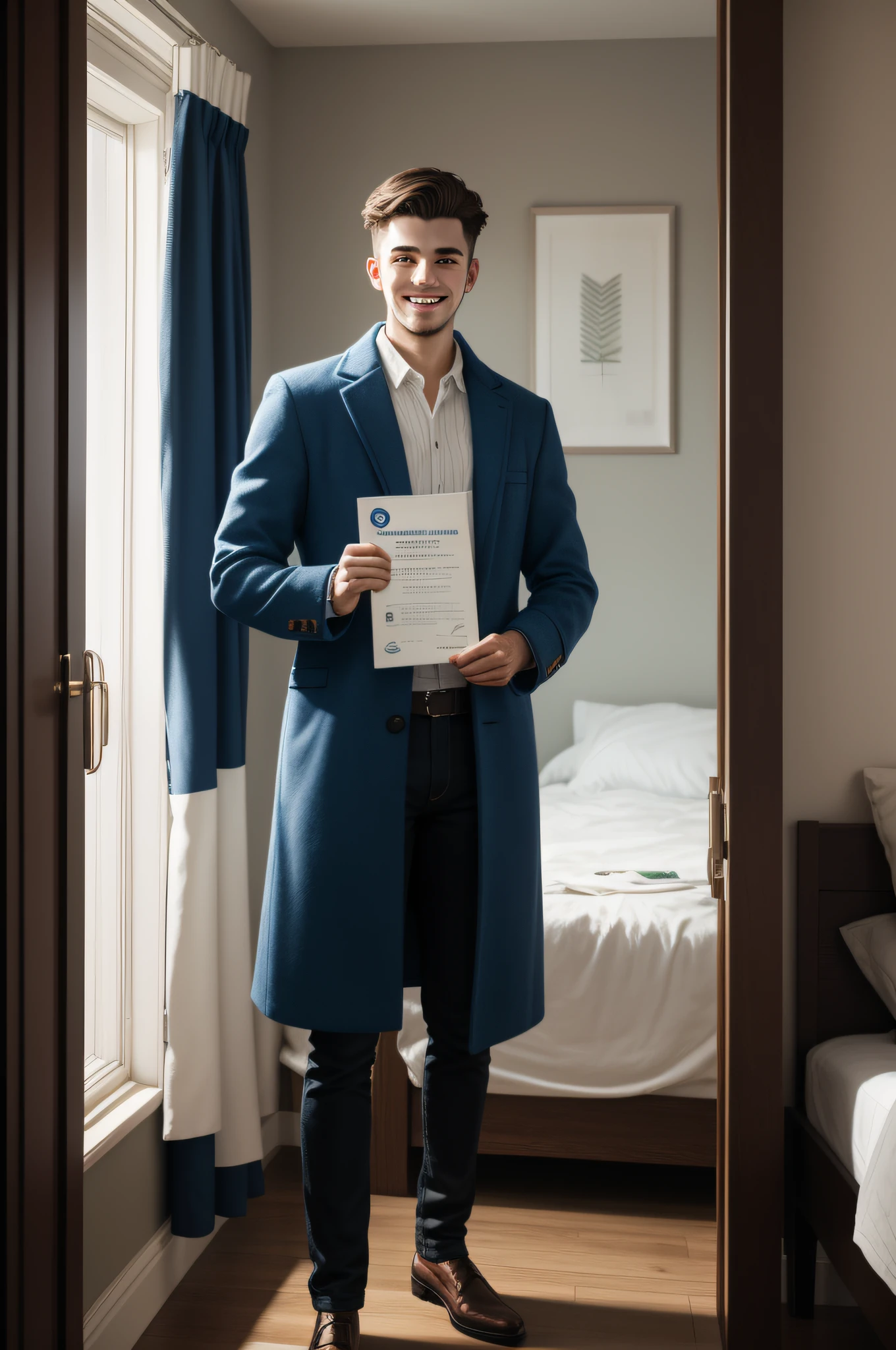 "A happy 23-year-old boy, proudly holding a certificate in his hand, wearing a blue point coat, standing in his bedroom, beautifully rendered with Octane."