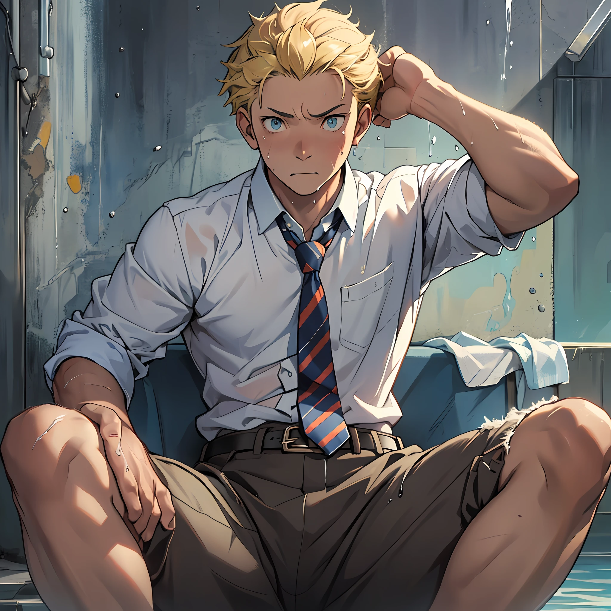 (1 Adult male),A high resolution, Sharp focus, Pixiv masterpiece, ((Complicated details)), highly detailed, natsuki_subaru, 1 man,perfect male figure,Urine on the trouser leg, Nervously bow your head,is shy,embarressed,exhilarated,is shocked,panicking,worry,A pool of urine formed around him,Very eager to pee,Unbearable,Wet yourself,Urine discharge,full bodyesbian,sit astride,Tired,decadent, blue color eyes(eyes glowing), Short yellow hair,white shirt,Wear a tie,Wear a belt,trousers,perspire,Drenched,Get wet,pissing,urine flows down the pants,look from down