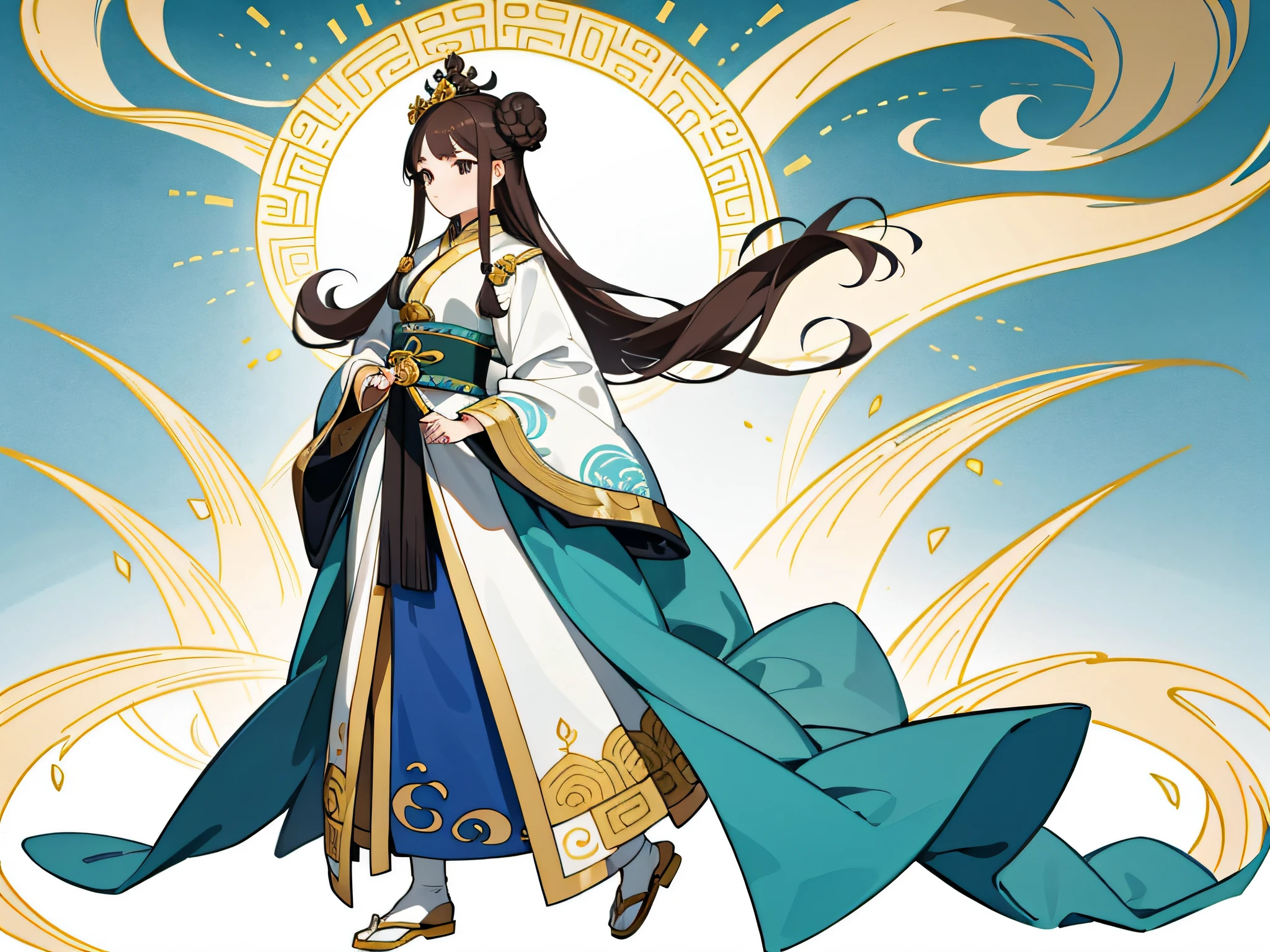 (Exquisite illustrations:1.2), (1girl, solo:1.0), (frontage:1.0), (Full body:1.0), (ultra - detailed, A high resolution, 4k:1.0),(The same person,Gold tiara,Tang Dynasty women's clothing,Yun Bun,Yingluo,walk on,mang part)Beautiful and good-looking face,brunette color hair,are standing,dignified,be full of details,