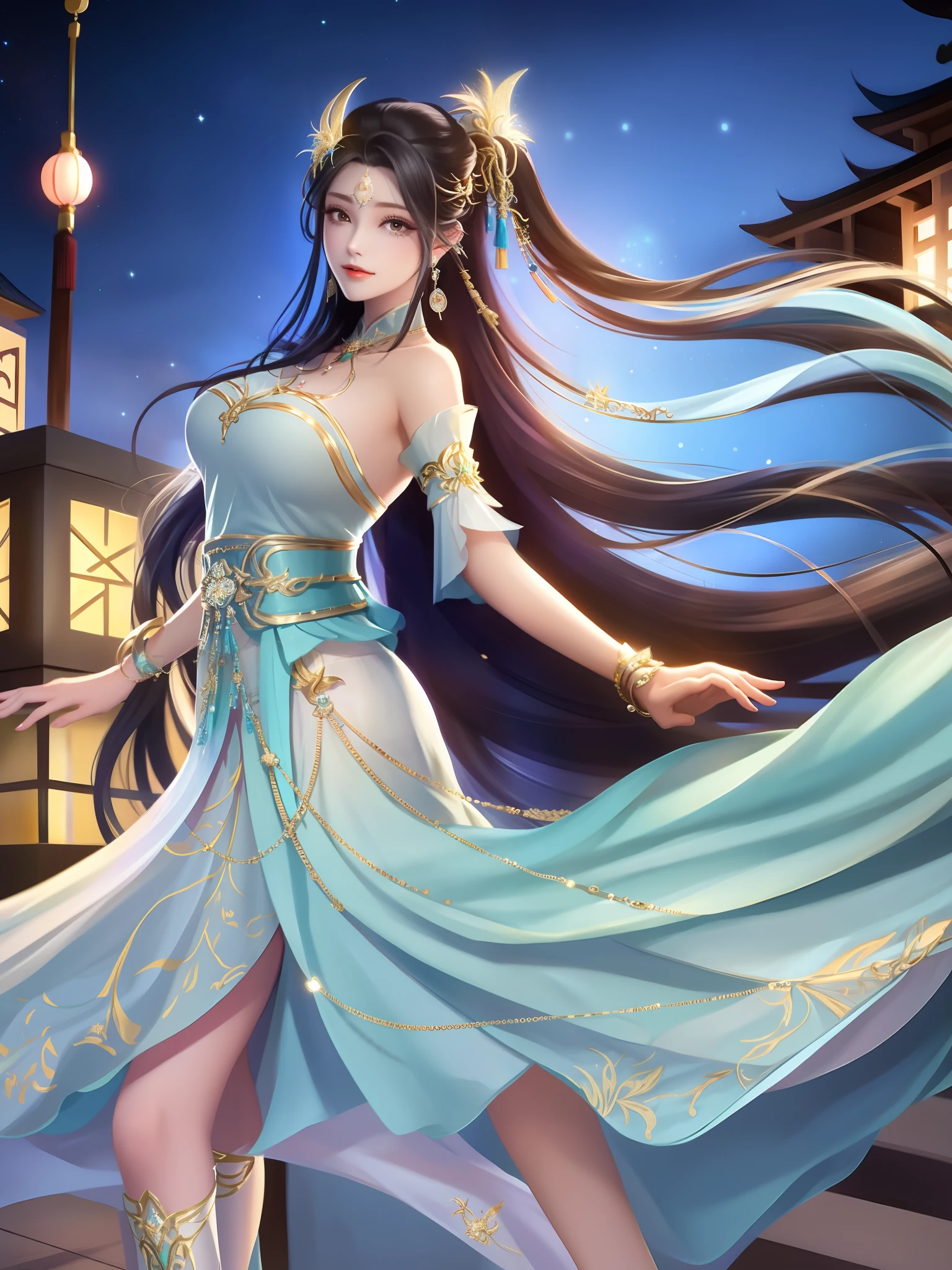 1girll, Mature female, Cityscape, Night,view the viewer, Long hair, dress,hair adornments, Bare shoulders, jewelry, Cowboy shot, Earrings, sash, Chinese clothes, Long dress, Obi, pony tails, arms back behind,