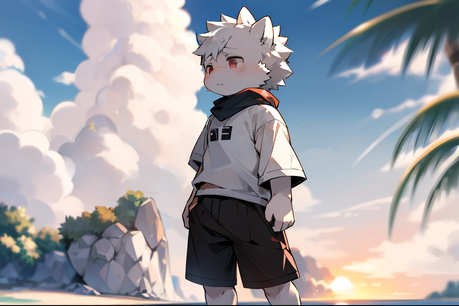 author：Jrjresq, author：Kirito,Libido boy，furry wolf，((Shota)), Black and white hair, Very good figure, Handsome，adolable, Light：Hazy light and shadow, Reflective skin,Reddish skin，((worn-out clothing，Commoner)) ，((beachside，standing on the rock，sandbeach，solo person，独奏，1doy))，Outdoor sunset，((the detail))，（depth of fields），((Libido boy，Shota))，（By Dagasi：1.1）