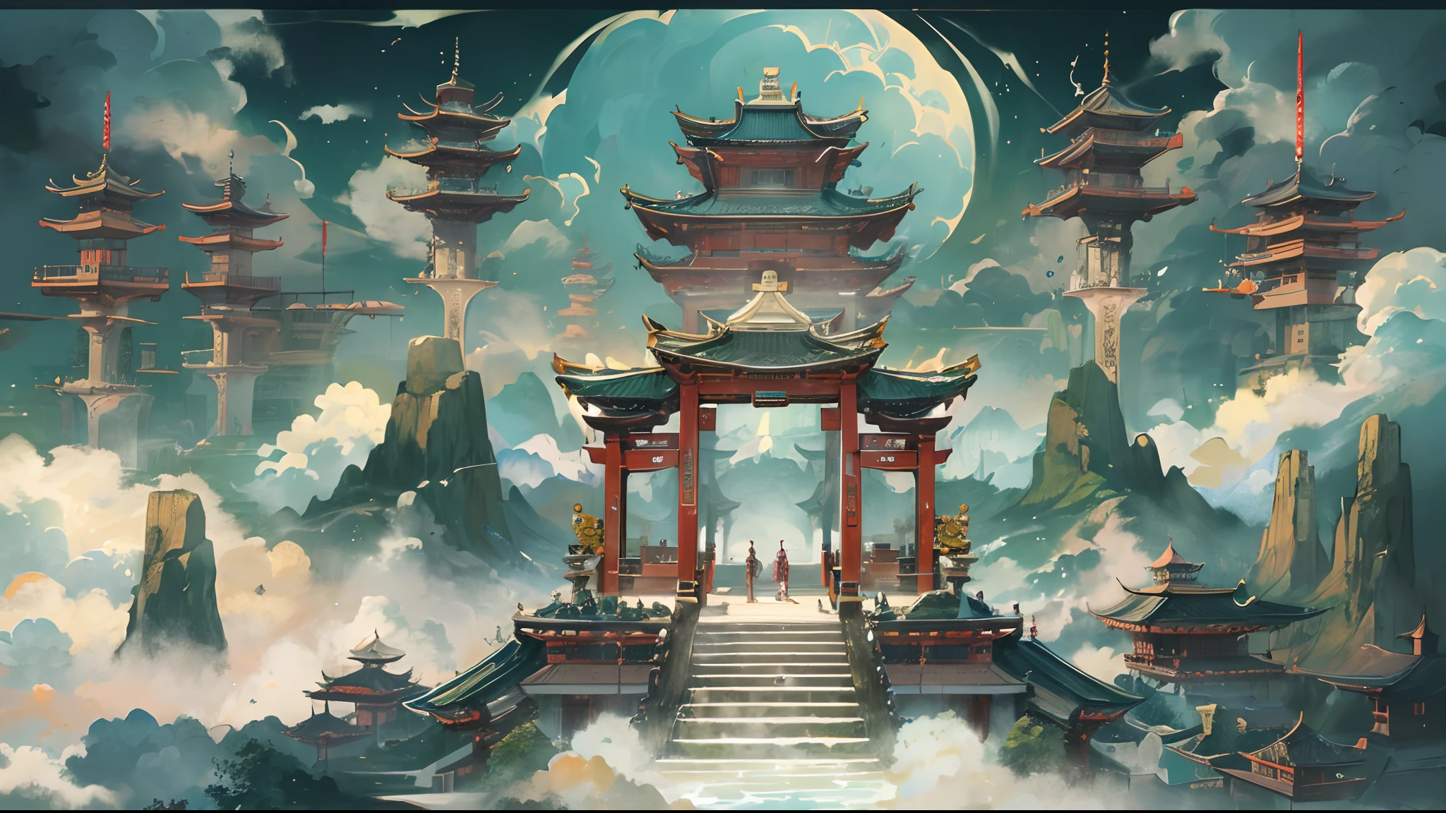 Grandiose scene，The ancient Chinese South Heavenly Gate is located above the clouds，surrounded by cloud，Majestic，glazed tiles，BUDDHA STATUE、Buddha，gorgeous color，hot onsen，lotuses，vapour（（Color ink）），((Splash ink))，((ink))，tmasterpiece，high qulity，Beautiful graphics，high detal，A high resolution