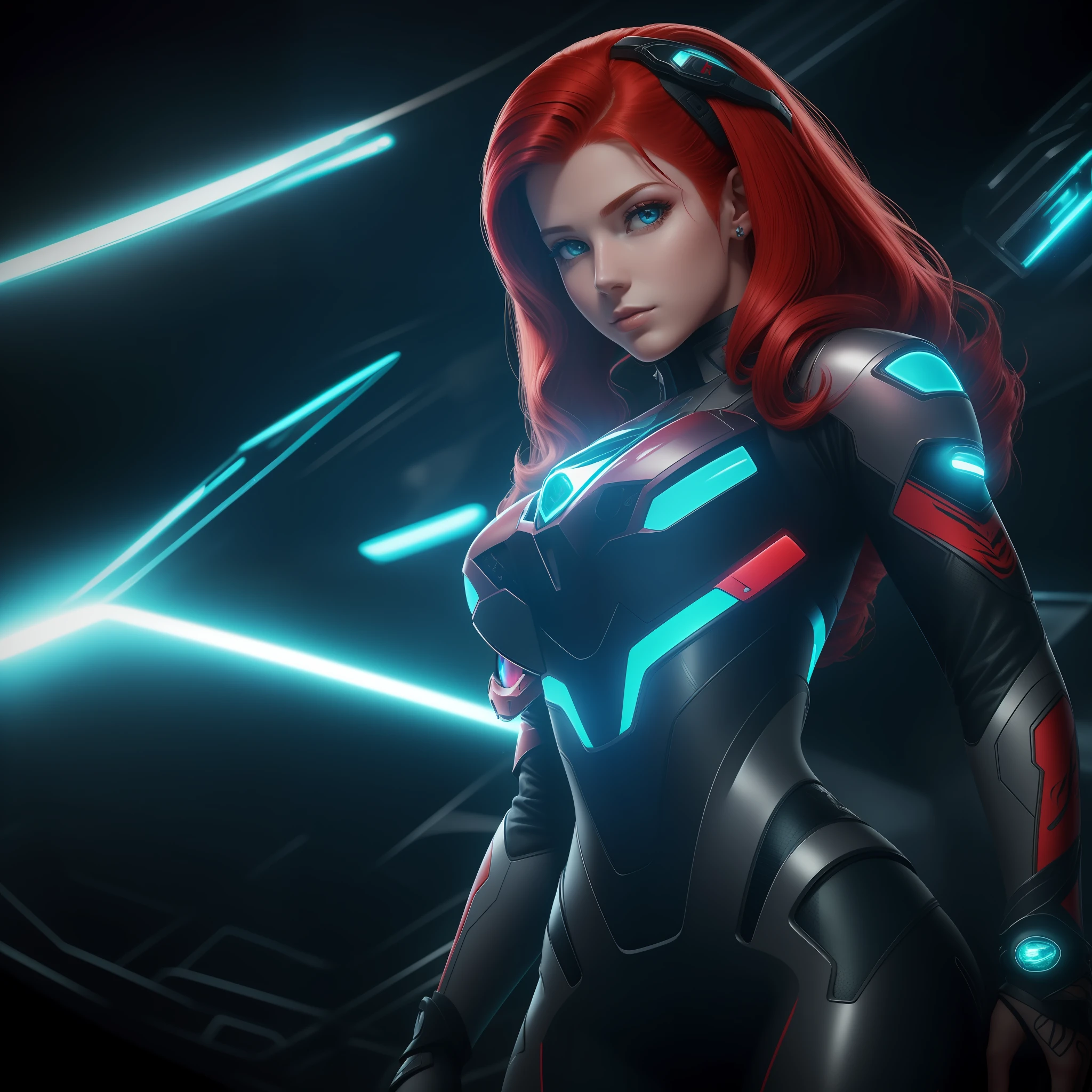 Ruiva Future cabelo curto holograma suit tecnologia motocycle elmo dead space brinco luvas olhos azuis linda 4k  holograma tattoo drone