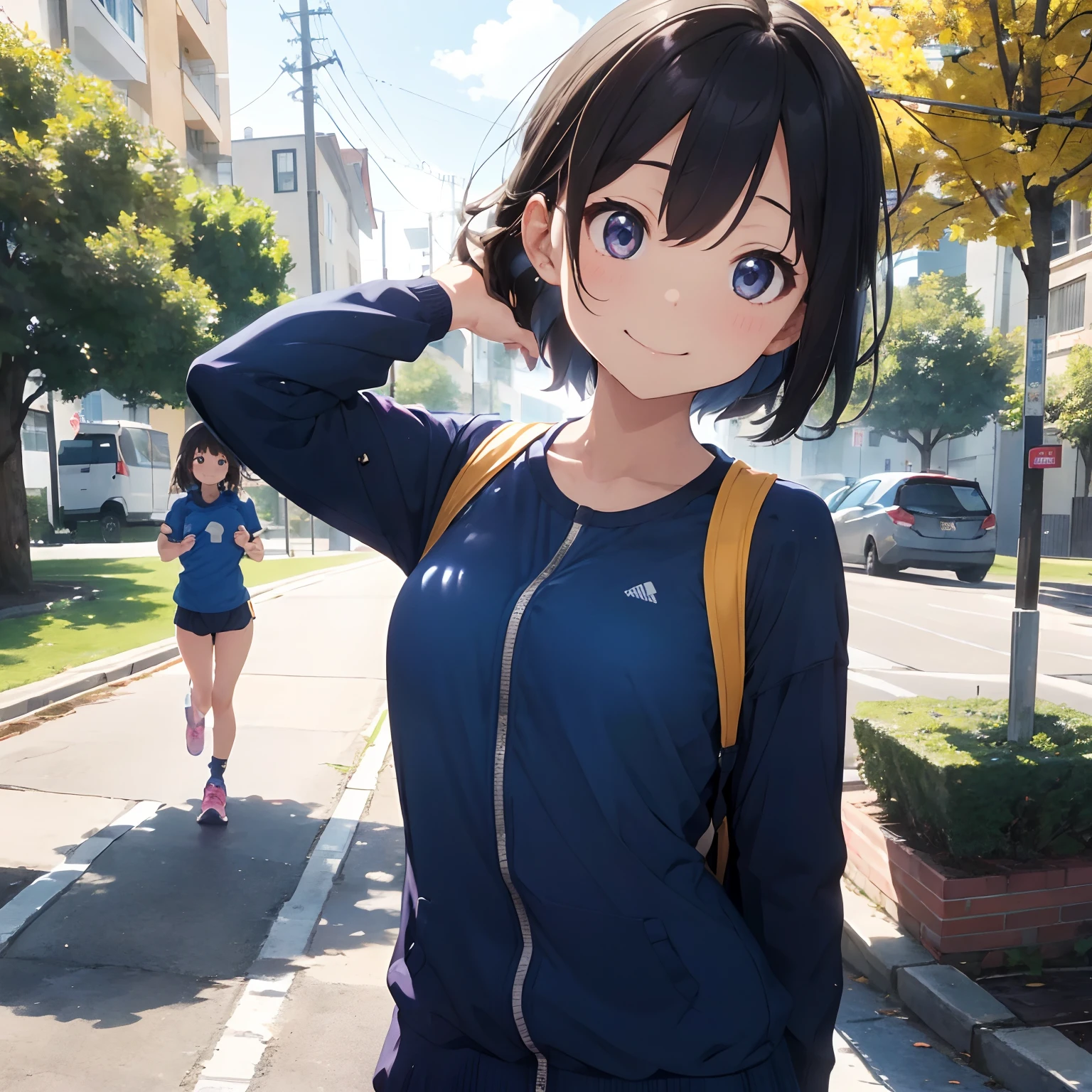 masutepiece, Best Quality, 8K_Wallpaper, (Beautiful eyes), ((Cute)), Cute, (lovely), (Park on a sunny day),1girl in,small tits,1 girl,Standing Girl,Smile,facial close-up、portlate(((Do a marathon)))、(((Jogging)))、((Blue jersey))、