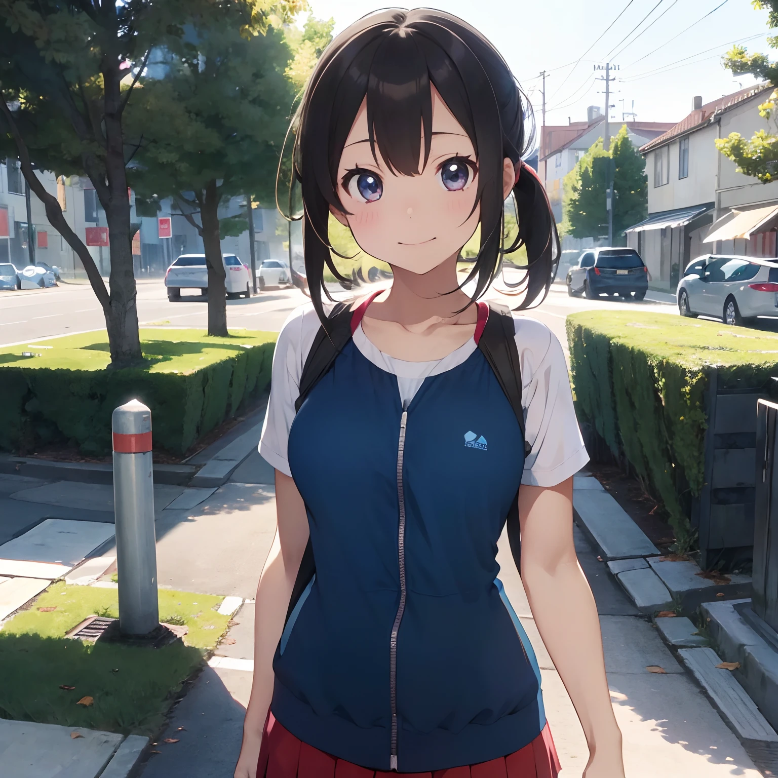 masutepiece, Best Quality, 8K_Wallpaper, (Beautiful eyes), ((Cute)), Cute, (lovely), (Park on a sunny day),1girl in,small tits,1 schoolgirl,Standing Girl,Smile,facial close-up、portlate(((Do a marathon)))、(((Jogging)))、((Blue jersey))、