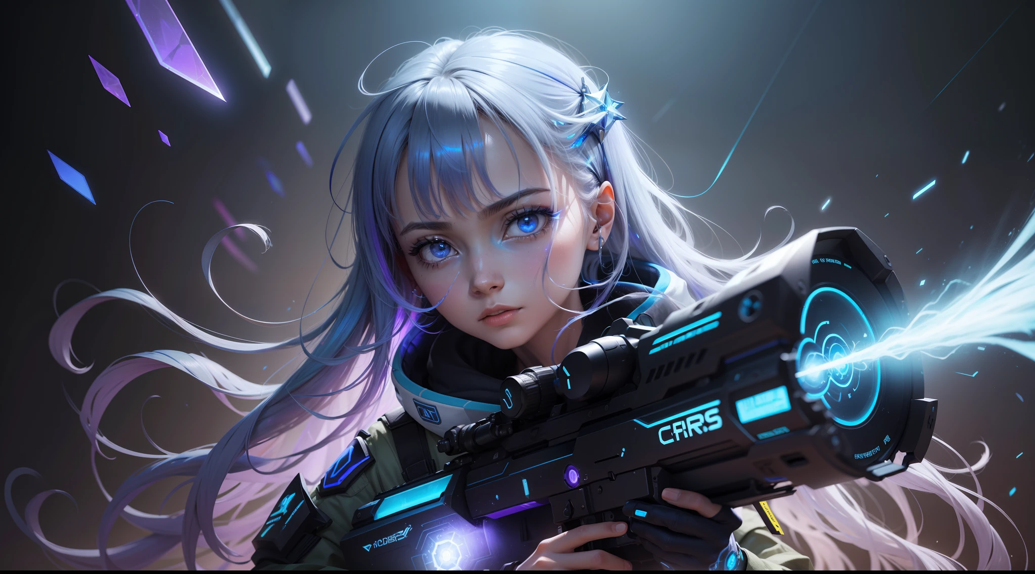 Crie uma arma que atira feixes de particulas de higgs, design futurista, cabeamentos expostos, Holographic sight, feixes em azul e roxo, cores bonitas e vibrantes, Remove the presence of a character