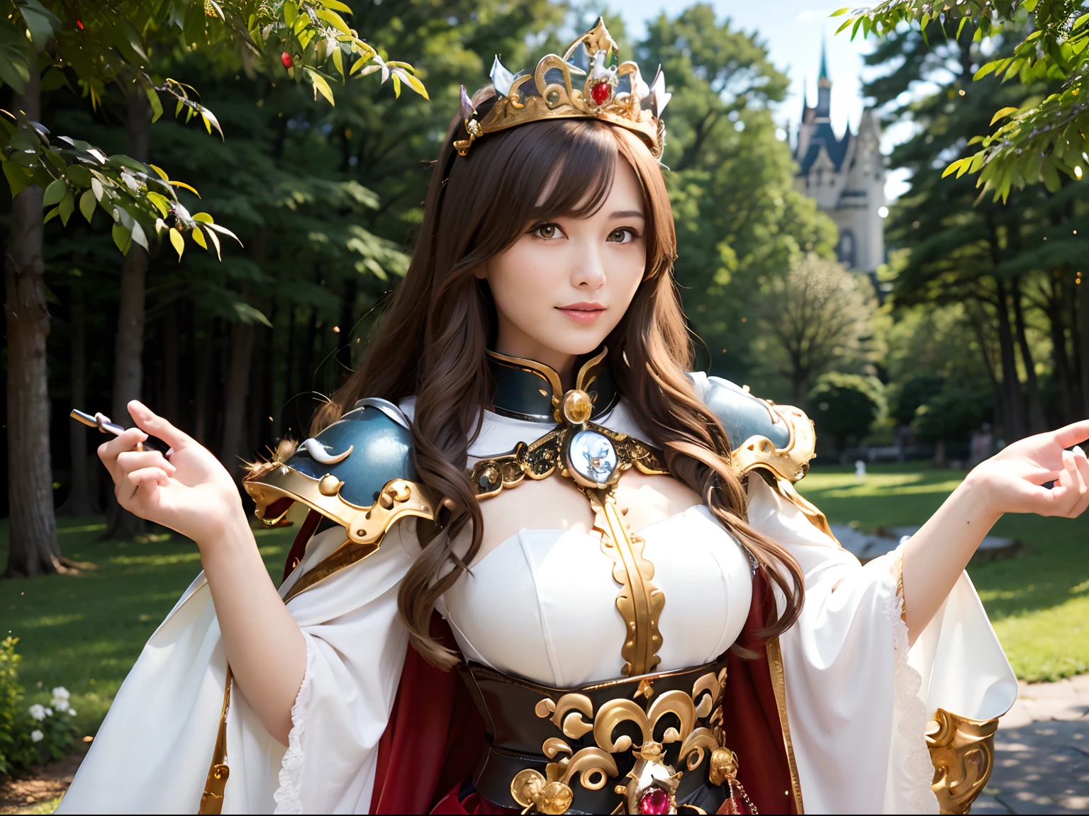 (Bleeding from the head), Professional , masterpiece、top-quality、photos realistic , depth of fields (Gemstone Black Metal Body:1.9),(Matte Black、Toostock、(cleavage of the breast)、((Random Hairstyles 1.6),Dark Fantasy,)explosions、intense fighting、Blood on the face,Blood Rain,Blood fog(blood splattere:1.2),Dragon Gold Weapon,Mystical expression、Particles of light、Fight dragons、(Toostock),Gorgeous Silver Weapons ,(( Dragon's dense and gorgeous sword)) ,,Detail and gorgeous crown、((Red hair))、(Castle background)、、((Gangle's forest background))、Beautiful Caucasian beauty、1a person、dynamic ungle,(((Detailed and ornate Black Devil Crown)))、Smaller head、A smile、Castle background、Thin and beautiful female hands、cleavage of the breast、Soldier in iron armor on background、Mystical expression、Light Effects、intense fighting、Wind-effect、magic circles、With the legendary magic wand、(demonic wings)、