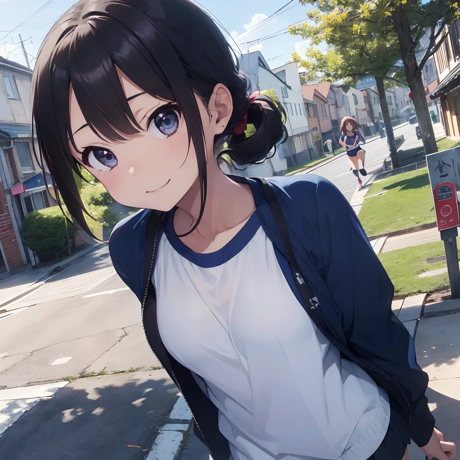 masutepiece, Best Quality, 8K_Wallpaper, (Beautiful eyes), ((Cute)), Cute, (lovely), (Park on a sunny day),1girl in,small tits,1 schoolgirl,Standing Girl,Smile,facial close-up、portlate(((Do a marathon)))、(((Jogging)))、((Blue jersey))、