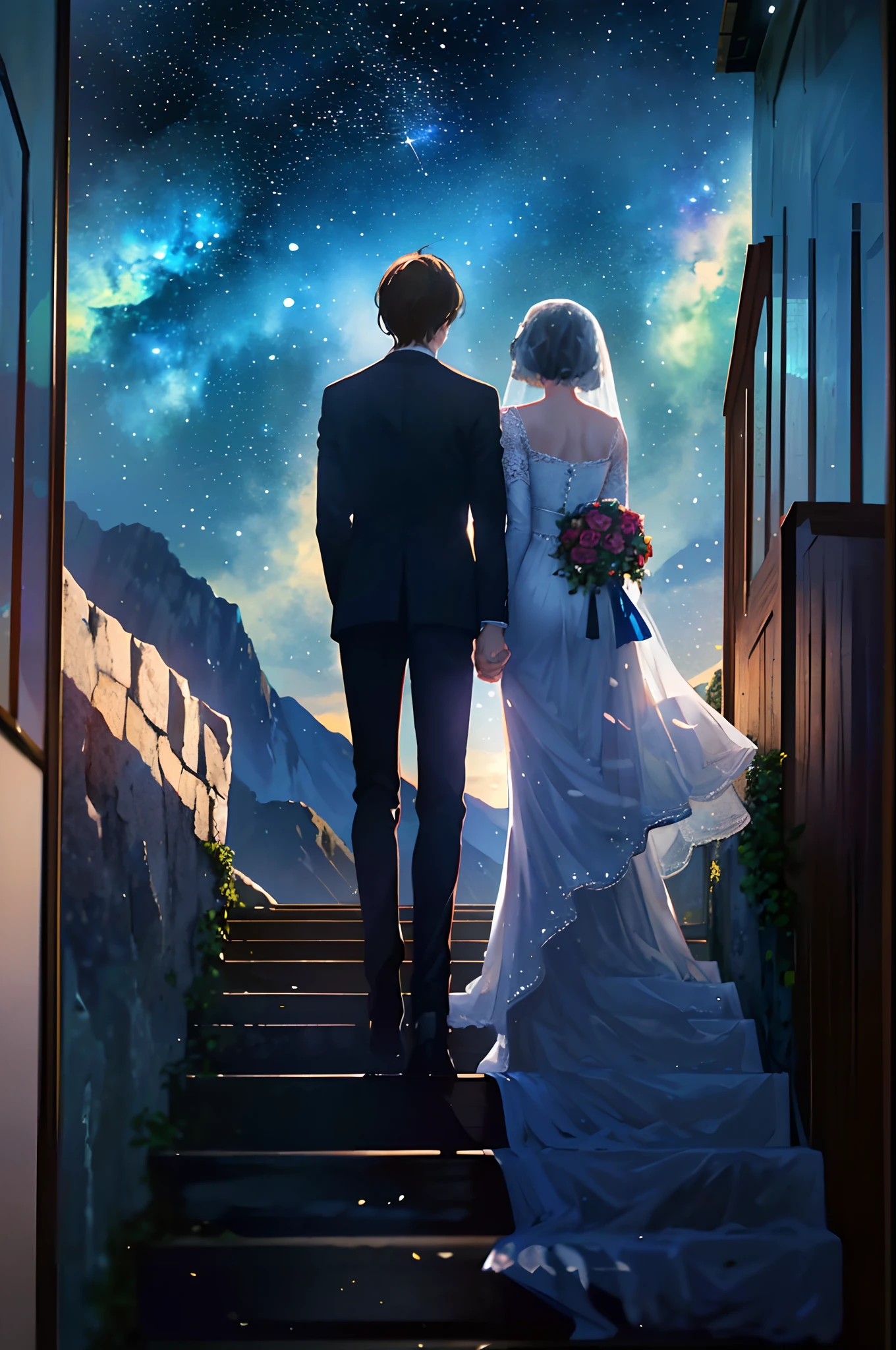 (((quality: Best picture quality))), ((Painting style: 𝓡𝓸𝓶𝓪𝓷𝓽𝓲𝓬)), (newlyweds:1),(Look at the stars at the top of the mountain),(wedding gown),(Business suit),(Shine the stars：1.5), Romantic couple photos, cinematic Film still from