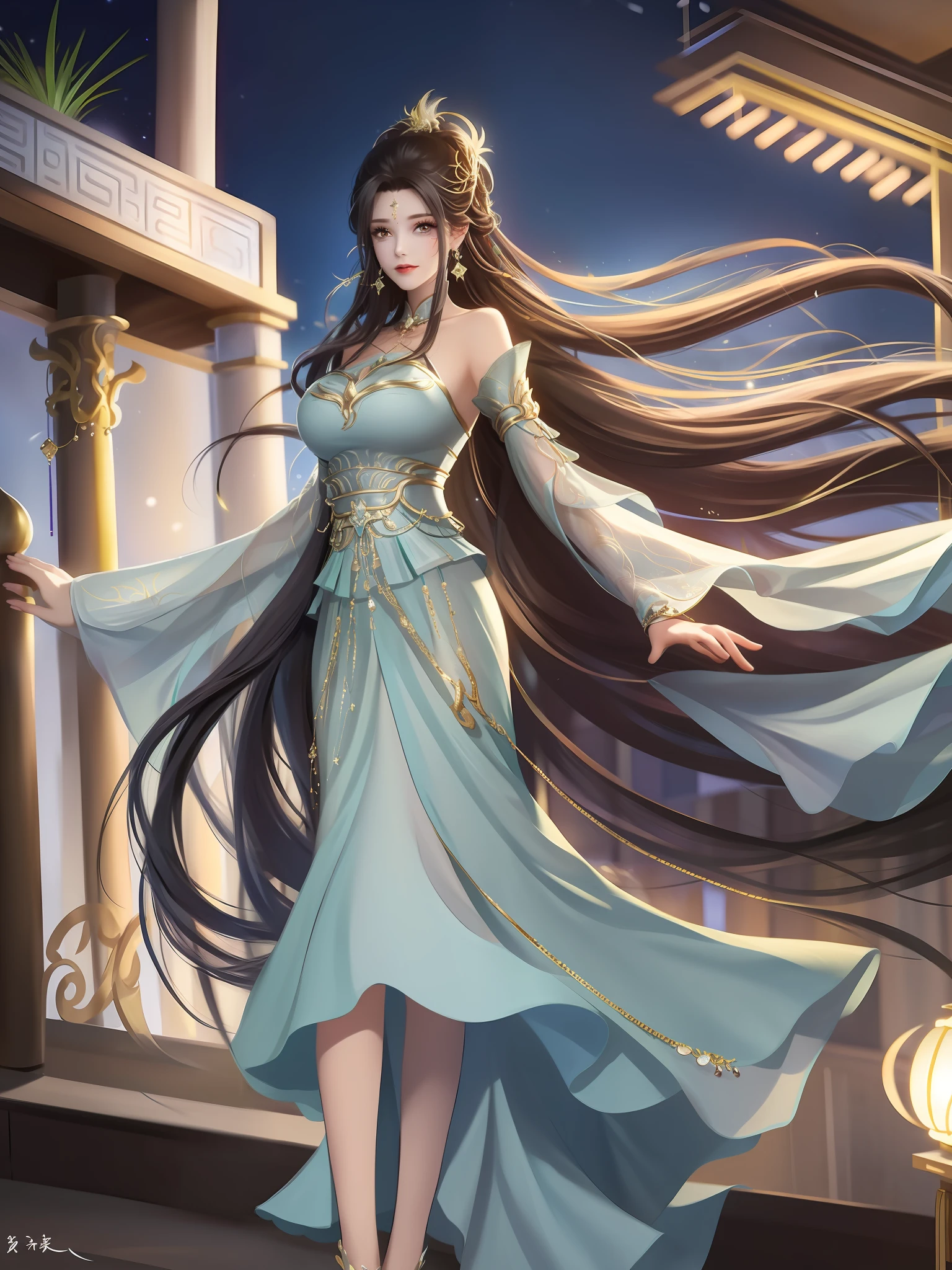 1girll, Mature female, Cityscape, Night,view the viewer, Long hair, dress,hair adornments, Bare shoulders, jewelry, Cowboy shot, Earrings, sash, Chinese clothes, Long dress, Obi, pony tails, arms back behind,