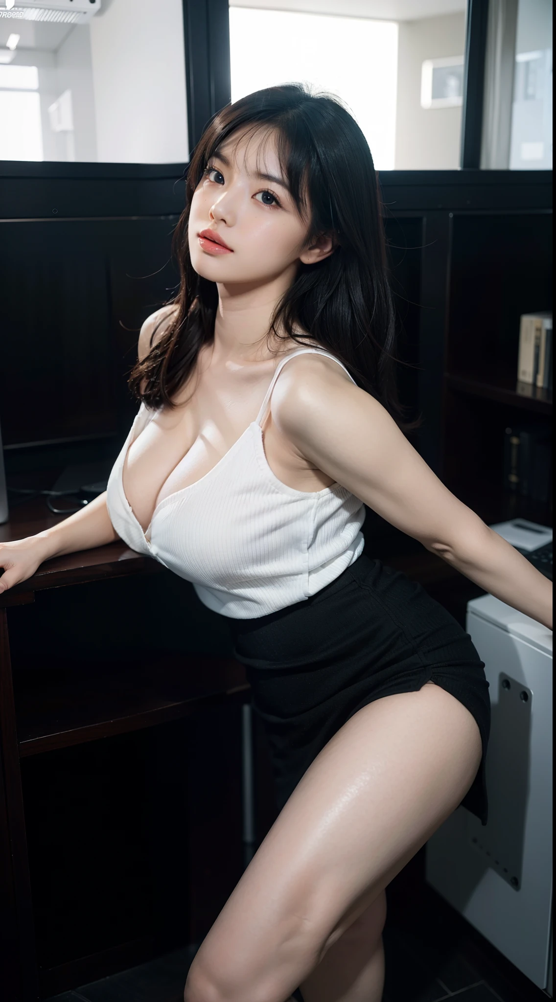 masutepiece, Best Quality, Ultra-detailed, Unity 8k壁纸, super detailed skin, Perfect Anatomy, Detailed, Dynamic lighting, 1girl in, voluptuous woman, Full body, gals, Business suits、skirt by the、Shiny hair, Beautiful eyes, looking through legs, stick out buttocks，Stick out the tongue, covered erectile , eyeshadows, huge-breasted, cleavage, gleaming skin,  Overexposed，through, Pubic hair,  Line, s Office，natta，Photorealistic