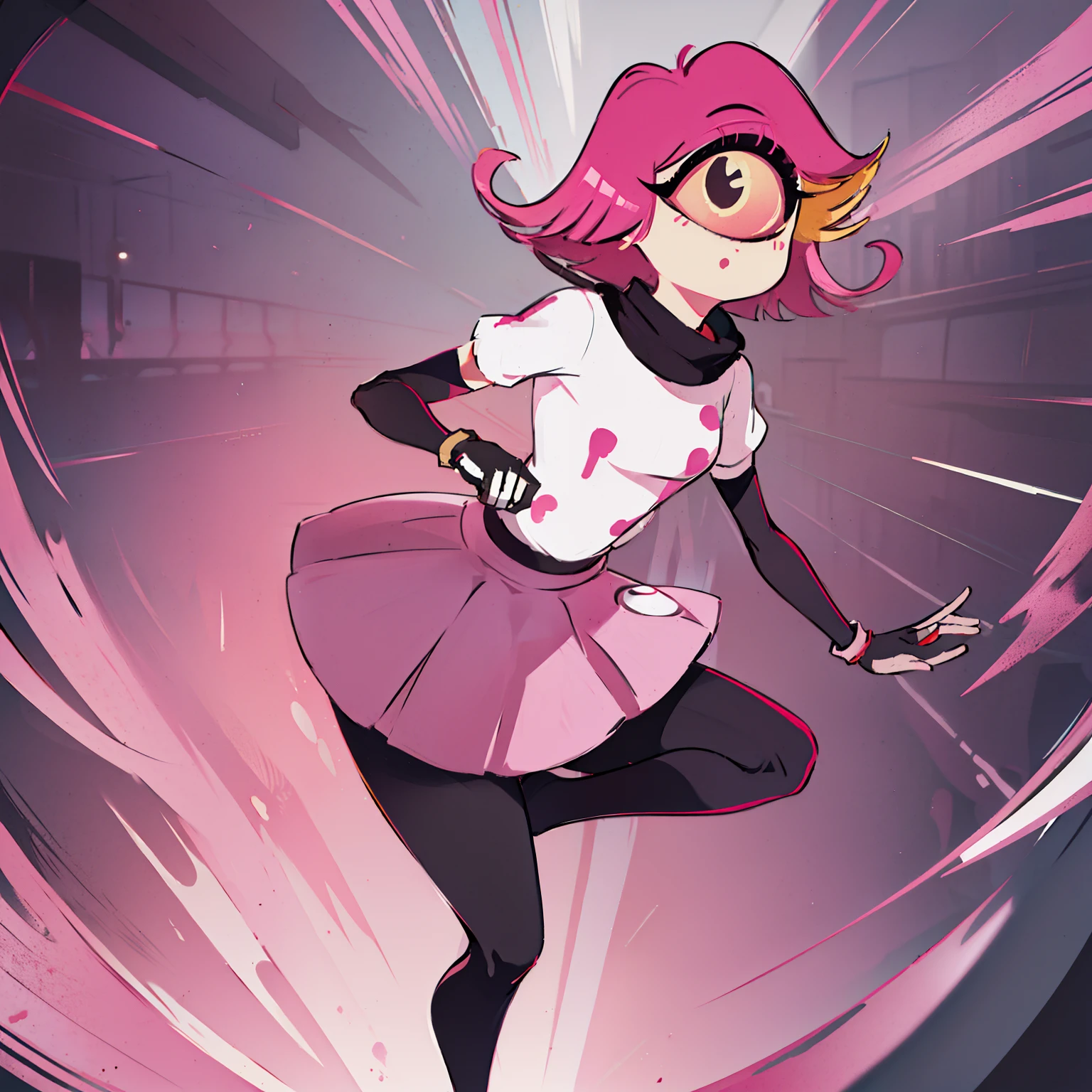 Niffty, 1girl,
(OriginalOutfit), (white shirt, pink skirt, gloves, black tights), cyclops, Ai's pose