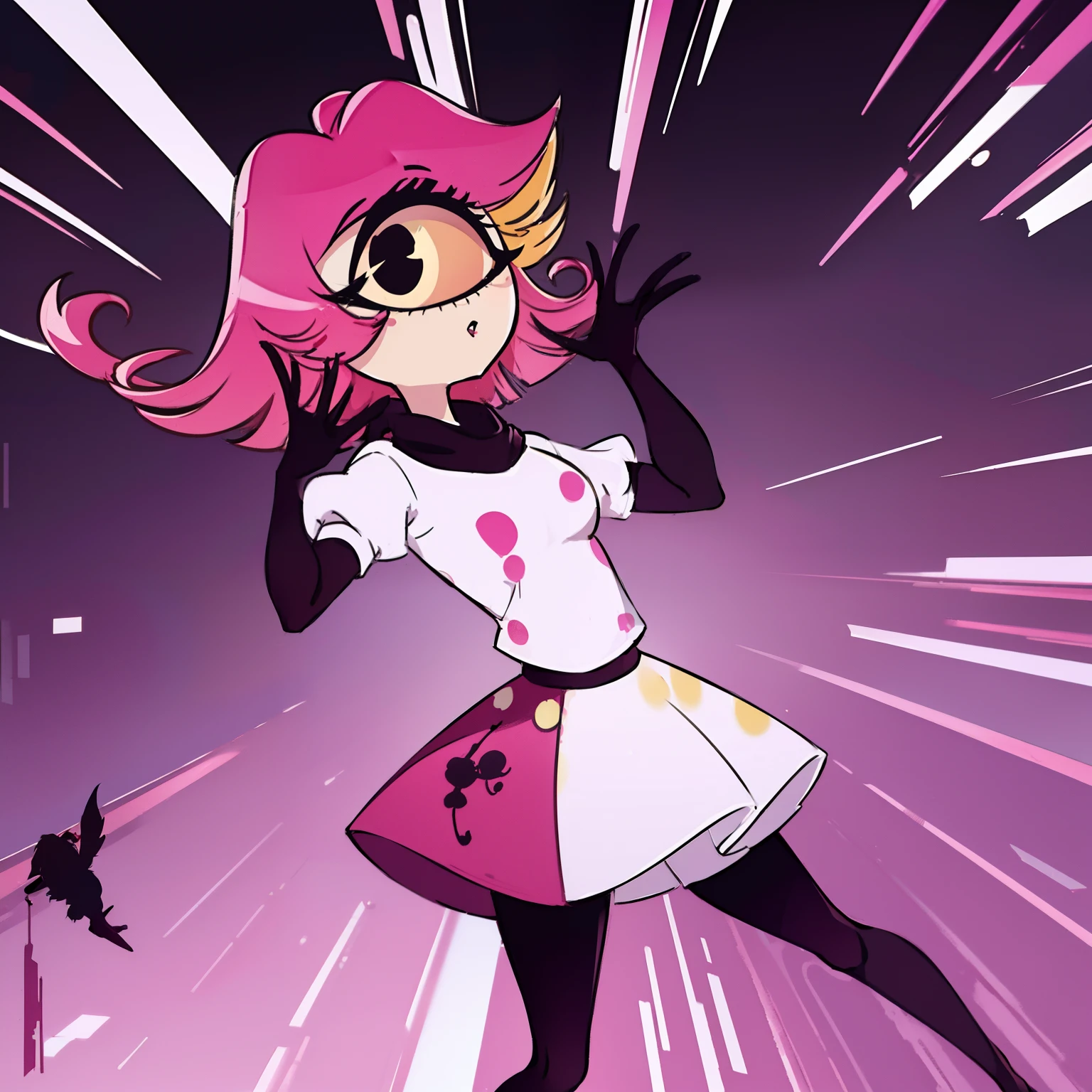 Niffty, 1girl,
(OriginalOutfit), (white shirt, pink skirt, gloves, black tights), cyclops, Ai's pose