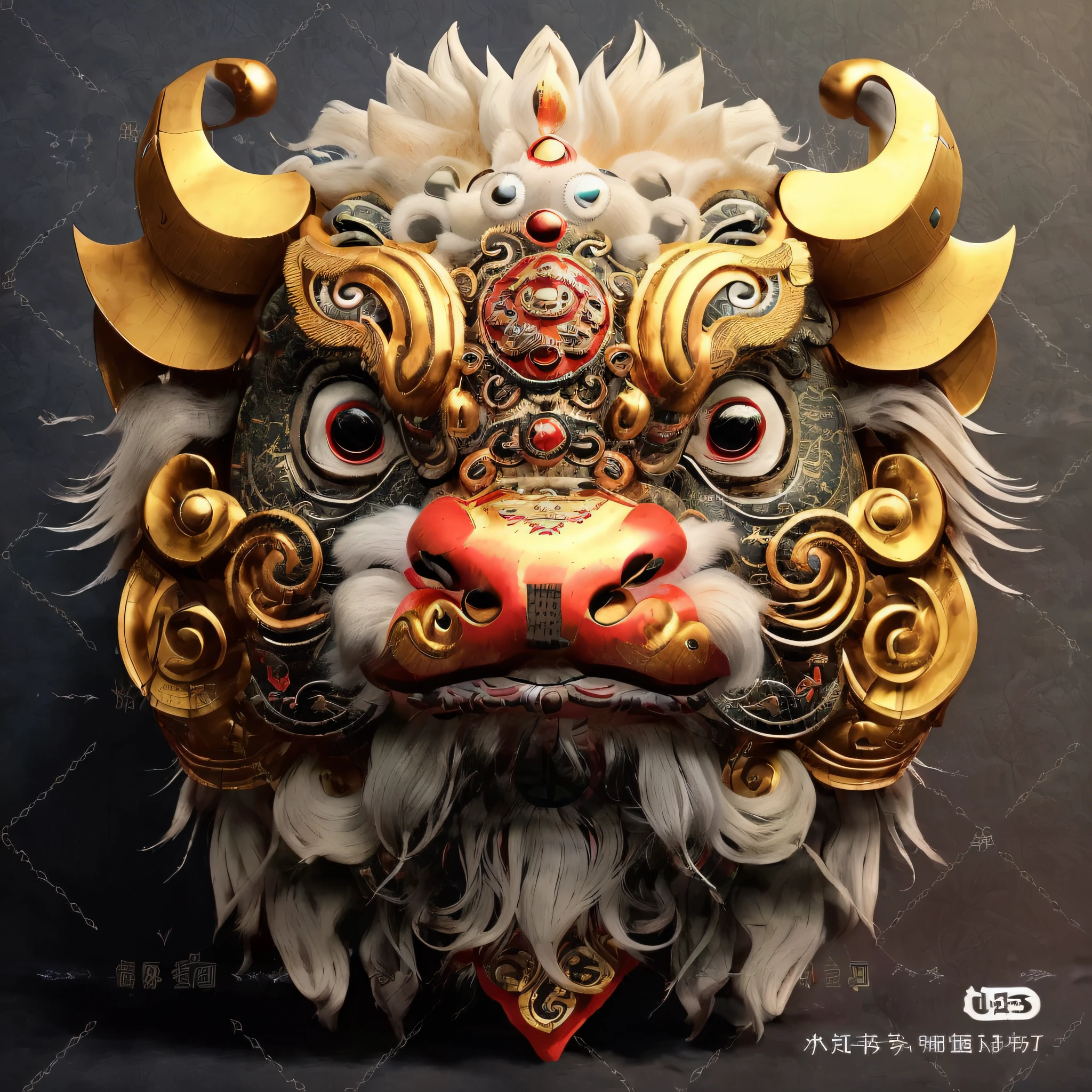 Awakening lion style，Close-up of mask with bull's big head，detailed digital 3d art，asura from chinese myth，bison god，Animal-style head，ancient china art style，Chinese style，Chinese Ghost Festival，Complex and gorgeous anime CGI style，high detailed digital art，high detailed digital art，face of an ox，lion head ，water ink，Domineering