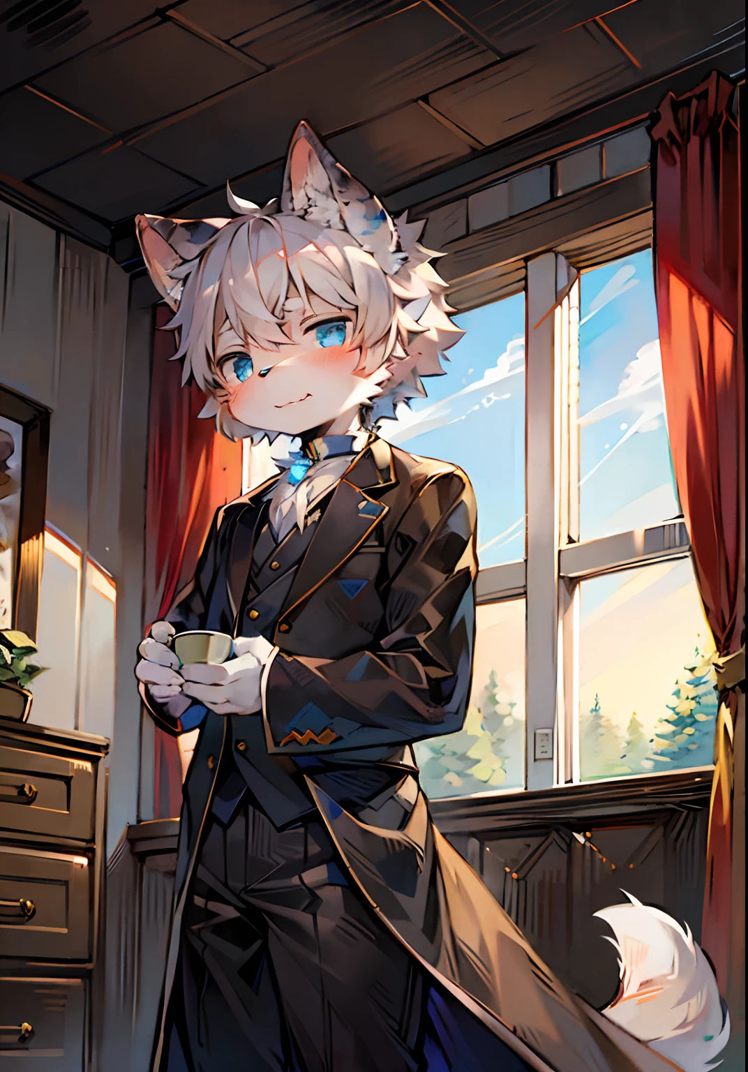 "Masterpiece，high qulity，abstract res，digitial painting（artwork of a），by Dagasi，Yupa，Kiyosan，anthro，Fluffy fur，Character focus：1.1，anthro male cat，Short hair，Portrait，eyes with brightness，in a panoramic view，Character focus，detailedbackground：0.7，独奏，shaggy，shaggy male，malefocus，anthr，Full Body Furry，Fluffy tail，White fur，Ice blue eyes，Gray hair：1.2，felid， Deacon attire：1.2，interiors、Bedrooms：1.1"