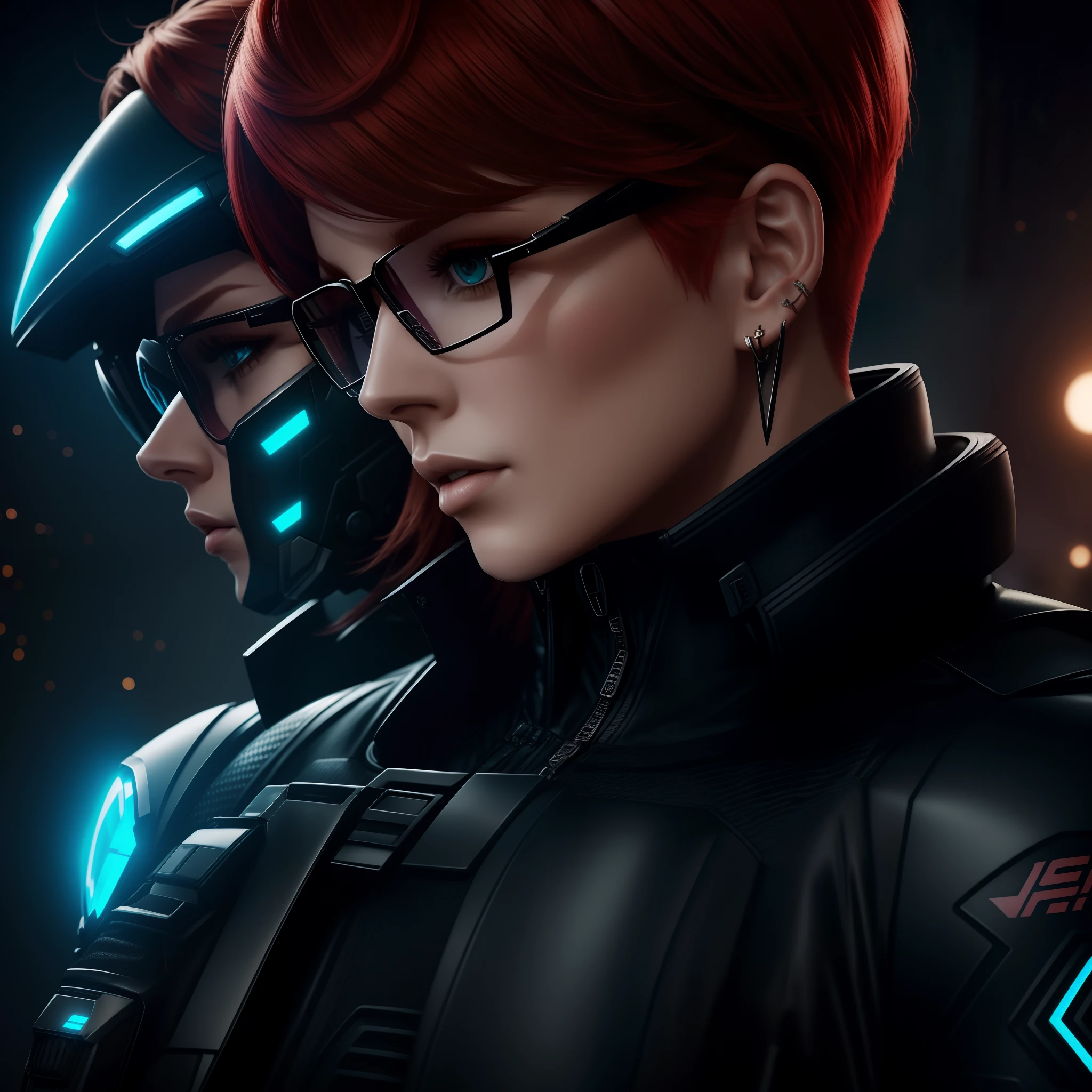 Redhead glasses jacket Future hologram tattoo dead space suit short hair beautiful female earrings motorcycle black clothing