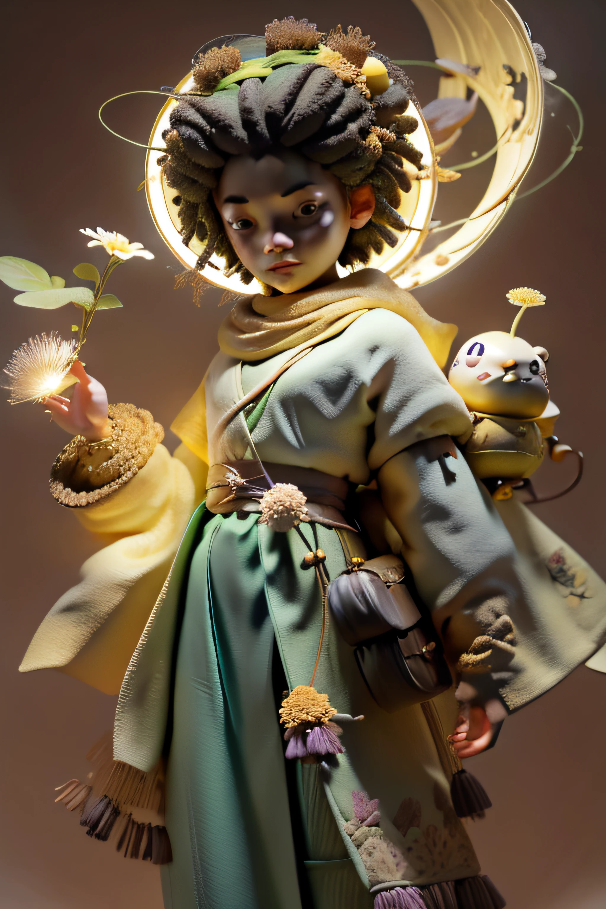 green leaf,jungles,Critters, Flowers, Birds,Boy student,Yellow sea urchin head,Yellow scarf,Green coat,(Highest image quality), (The work of the master), (Hyper-detailing), (eye detailed: 1.0), (light flare lens: 1.0), (filmposter: 1.0), (unwind, downy :1.2), (Light beauty details:1.0),(ssmile:1.0) ,
