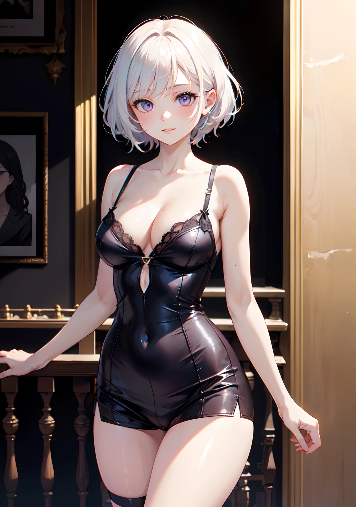 ((((masterpiece, best quality, high resolution)))), 1girl, white hair, purple eyes, short wavy hair, average breasts, blush, light smile, parted lips, glow, thighs, bare shoulders, collarbone, narrow waist, cleavage, (beautiful detailed face, beautiful detailed eyes), long slender thighs, perfect eyes, looking at the viewer, seductive looks, seductive pose, standing on the door, arms behind the back, white lace lingerie, night time,