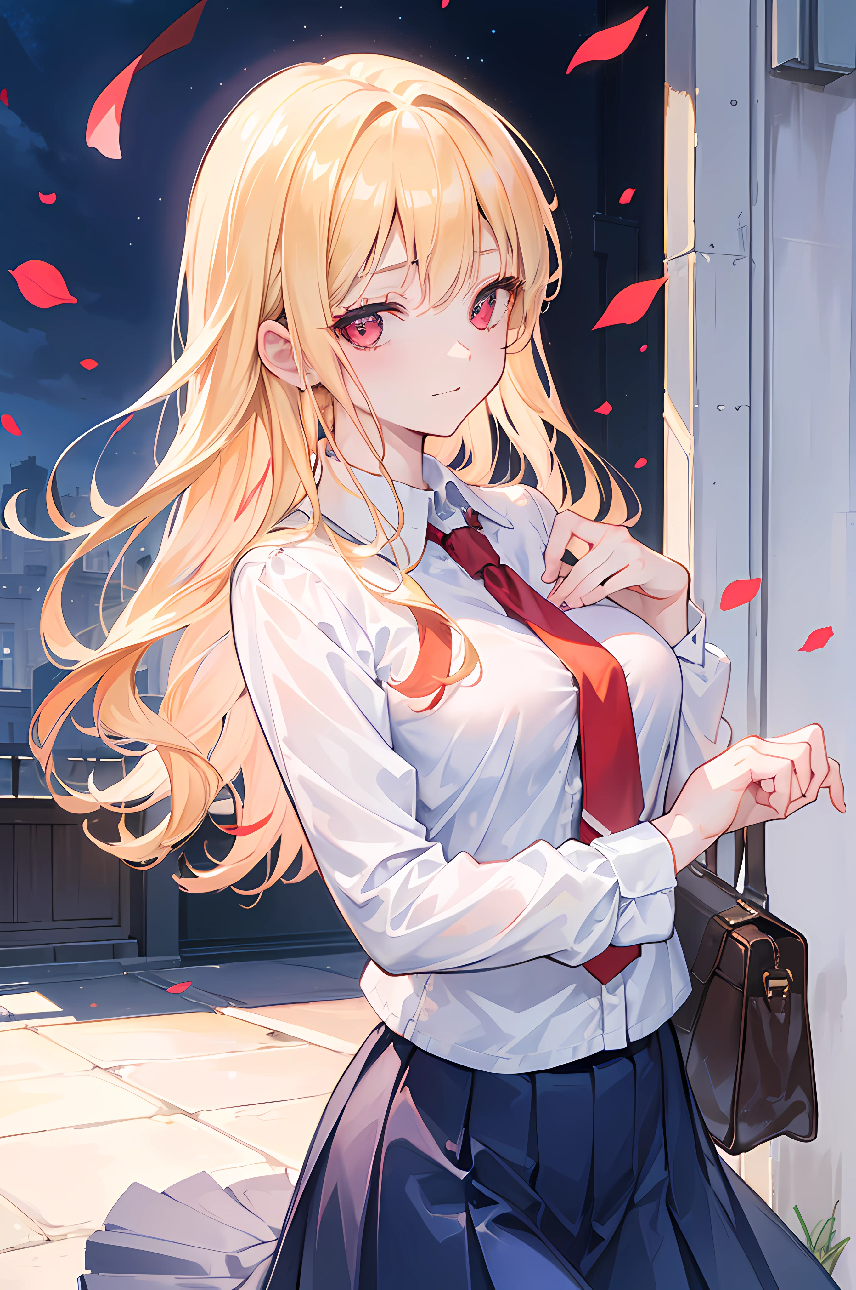 1girl , ((masterpiece)) , ((ultra-laid down)) , wallpaper ,((realistic)),((illustration)) , taller , long hair , loose hair , medium breasts , short blue skirt , white shirt , solo , school uniform , looking at the viewer , smile , red eyes , blue tie , 8k , extremely detailed face, extremely detailed CG, (perfect hands, perfect anatomy) , (detailed eyes, expressive eyes, bright eyes, (red eyes: 1.2), blonde hair, hand with five fingers delicate, beautiful face, smooth skin, loose hair, wallpaper, gradient hair, standing, shoulder bag, flushed face, standing, (perfect body), ((perfect hands, detailed hands)) , (extremely delicate and beautiful), street scenery, external view, upper body)