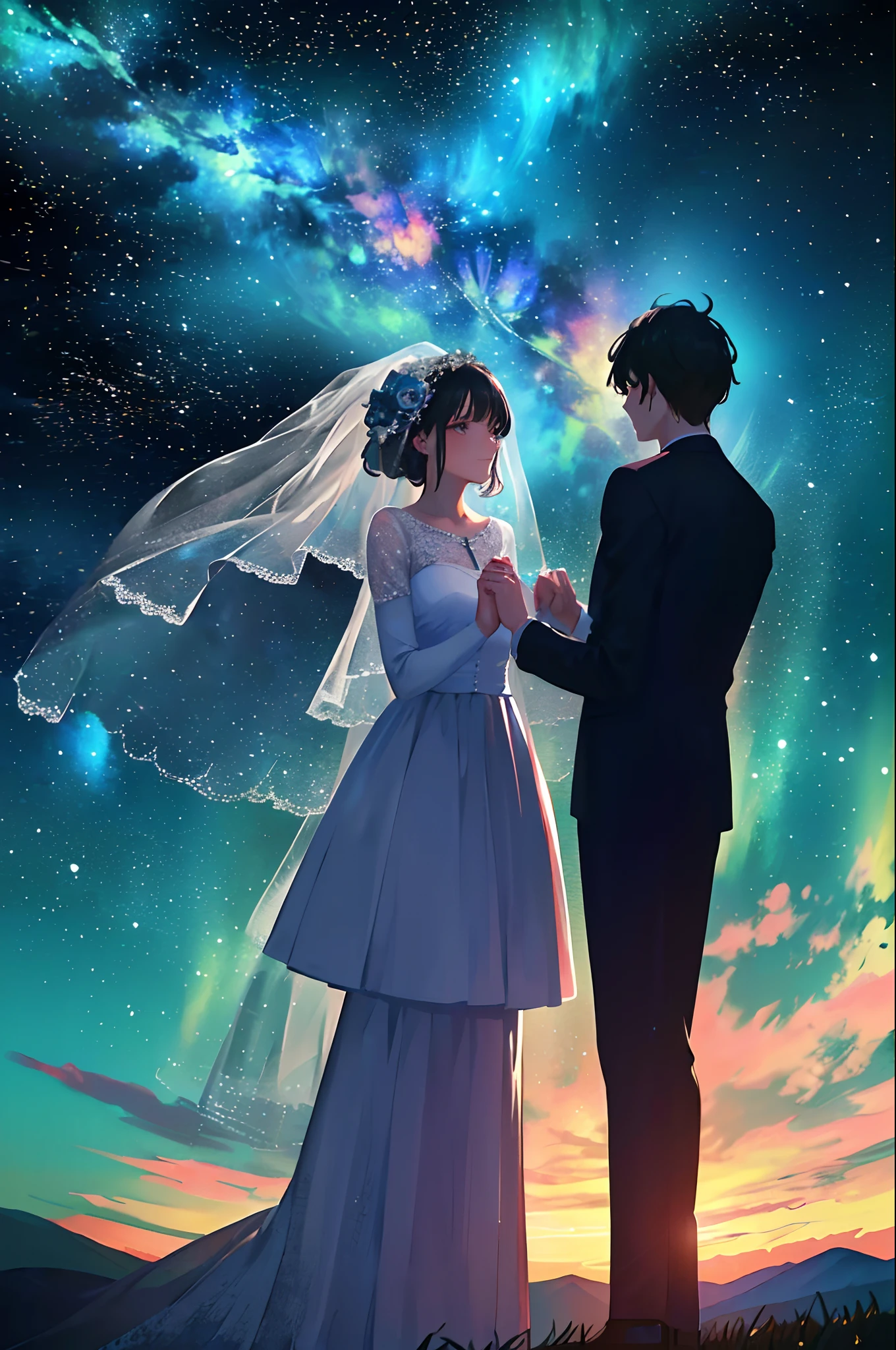 (((quality: Best picture quality))), ((Painting style: 𝓡𝓸𝓶𝓪𝓷𝓽𝓲𝓬)), (newlyweds:1),(Look at the stars at the top of the mountain),(wedding gown),(Business suit),(Shine the stars：1.5), Romantic couple photos, cinematic Film still from