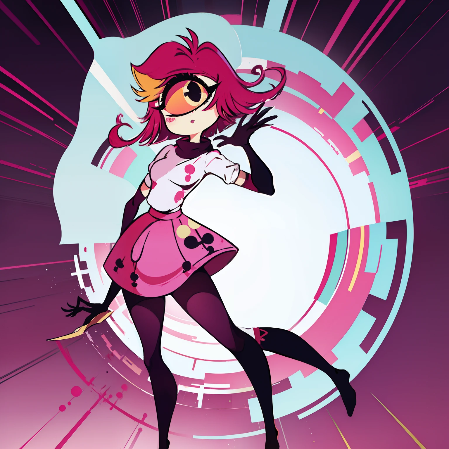 Niffty, 1girl,
(OriginalOutfit), (white shirt, pink skirt, gloves, black tights), cyclops, Ai's pose