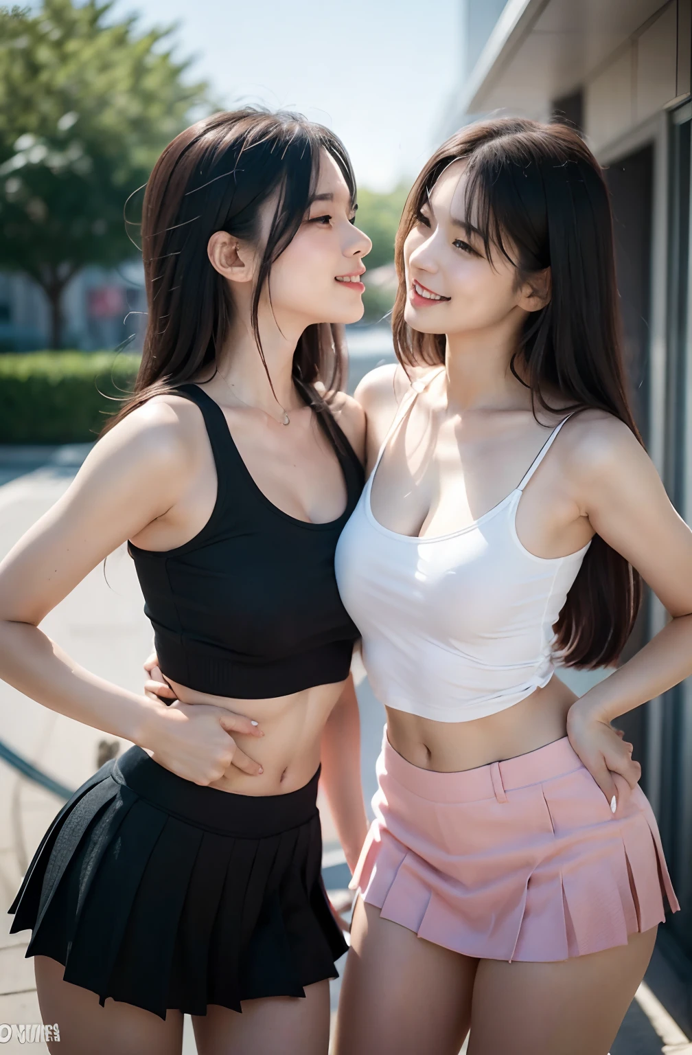 2 women having fun,leering:1.2, lecherous:1,2, Hentai:1,2, NSFW:1,2, Lesbian Yuri:1,2, Kissing, Blushing, Wear a tank top and pleated miniskirt, Hot summer days