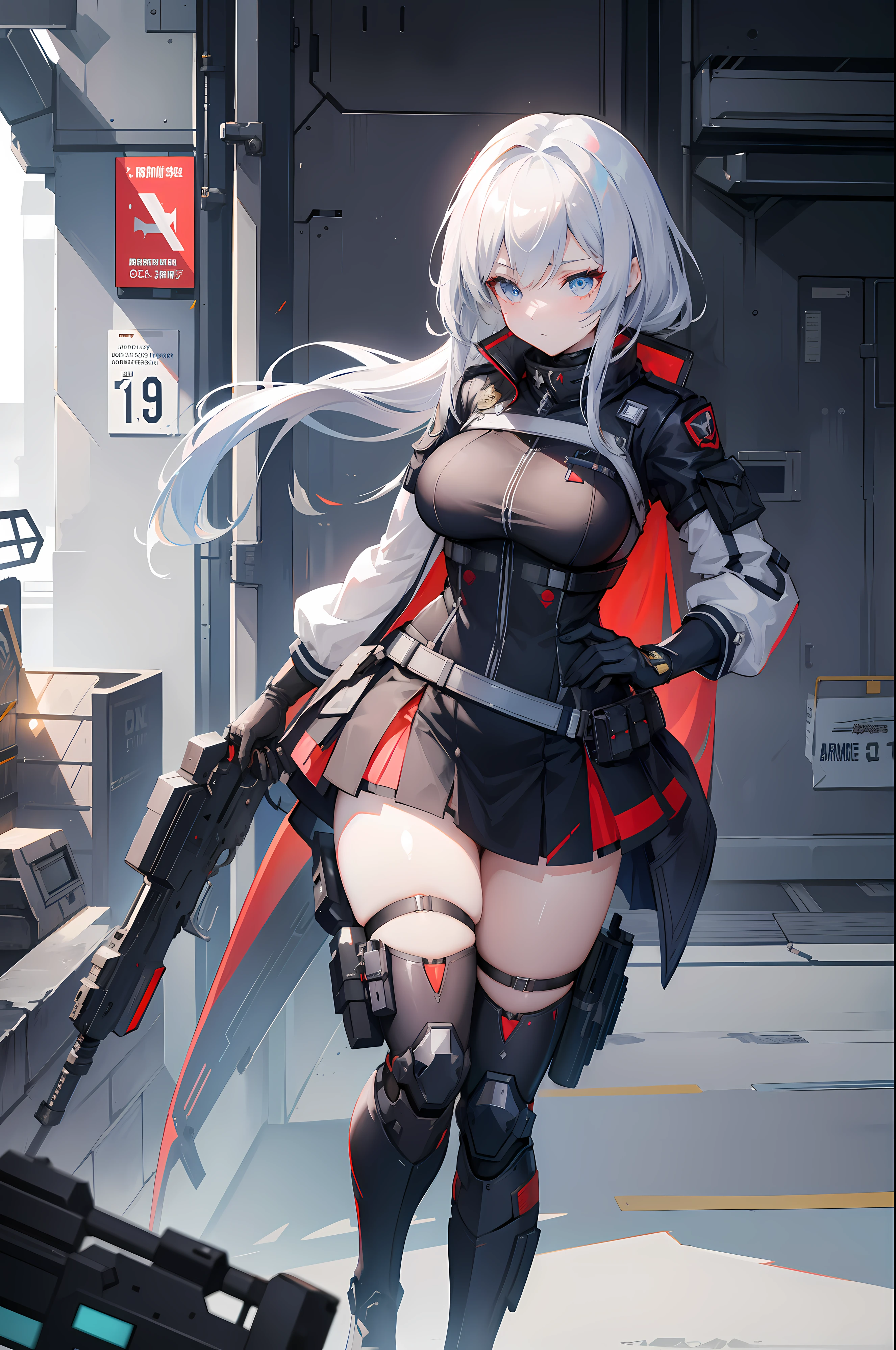 a woman in a short skirt and gloves holding a gun, from girls frontline, mechanized valkyrie girl, from arknights, best anime 4k konachan wallpaper, cyborg - girl with silver hair, from the azur lane videogame, guweiz, female action anime girl, fine details. girls frontline, cushart krenz key art feminine