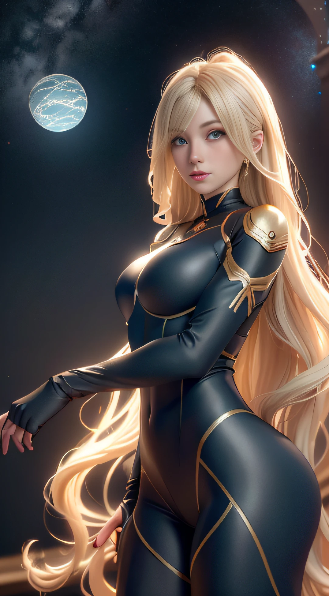 （（best qualtiy））， （（tmasterpiece））， （A detailed：1.4）， 3D， Three-dimensional facial features，Beautiful image of European and American women，blue skinsuit，full-body tights，Big blonde wavy long hair，Smart Eye HDR（HighDynamicRange），Ray traching，NVIDIA RTX，Hyper-Resolution，Unreal 5，sub surface scattering，PBR textures，Post-processing，Anisotropic filtering，depth of fields，Maximum clarity and sharpness，Many-Layer Textures，Albedo e mapas Speculares，Surface coloring，Accurate simulation of light-material interactions，perfectly proportions，rendering by octane，twotonelighting，Wide aperture，Low ISO，White balance，trichotomy，8K raw data，tmasterpiece，best qualtiy，（8K very detailed CG unit wallpaper）（best qualtiy），（Most Best Illustration），（Best shadow）Golden sea waves，The background is the interior of the spacecraft，White porcelain tibia，high - tech，Golden water droplets flying，（：1. 6），There is UFO in the background，Space starry sky in background