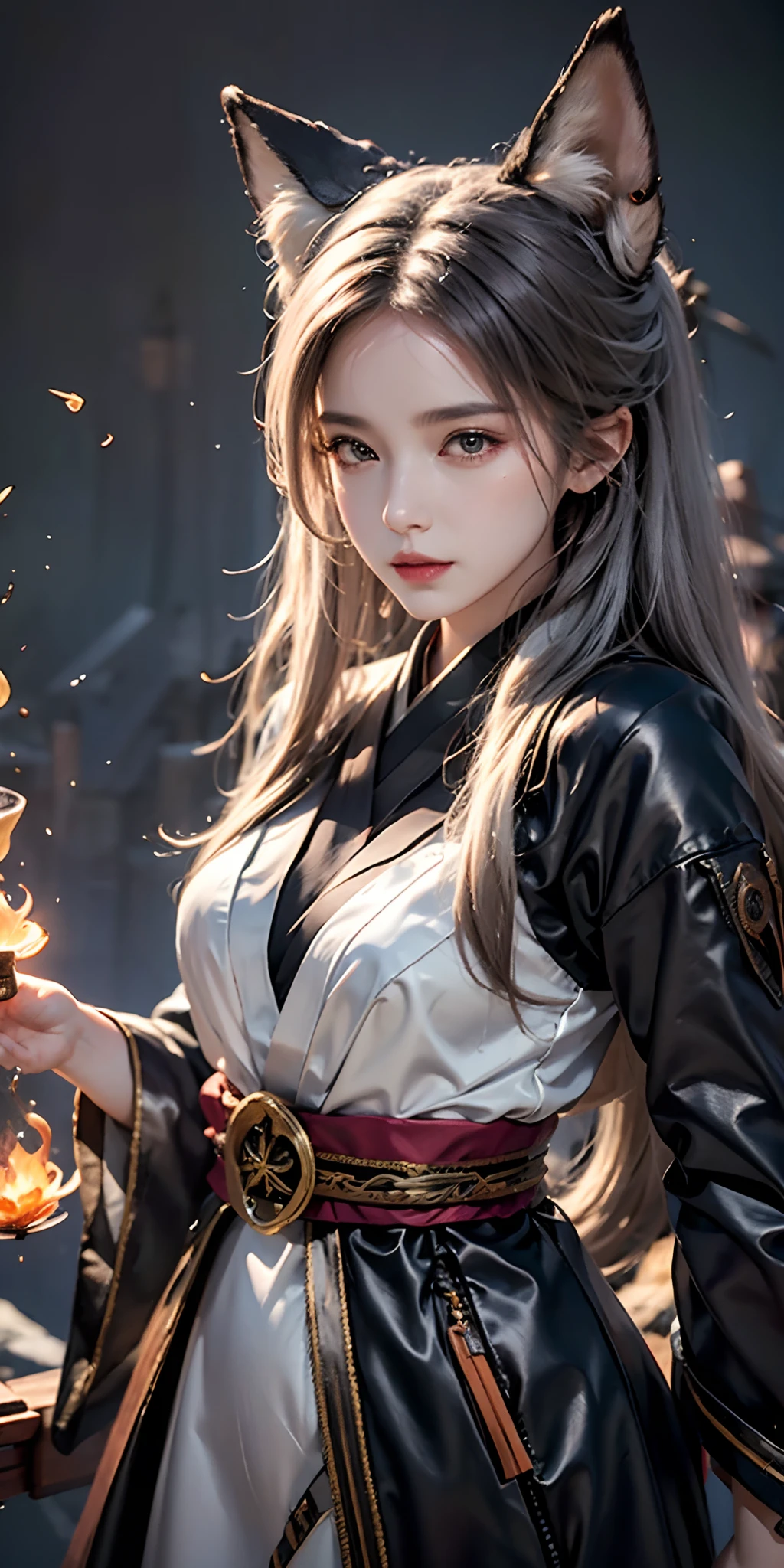 1girl,solo, official art, unity 8k wallpaper, ultra detailed, beautiful and aesthetic, beautiful, masterpiece, best quality, Kitsune witch, fox mask, haori jacket, foxfire spell, fox familiar, transformation,depth of field,