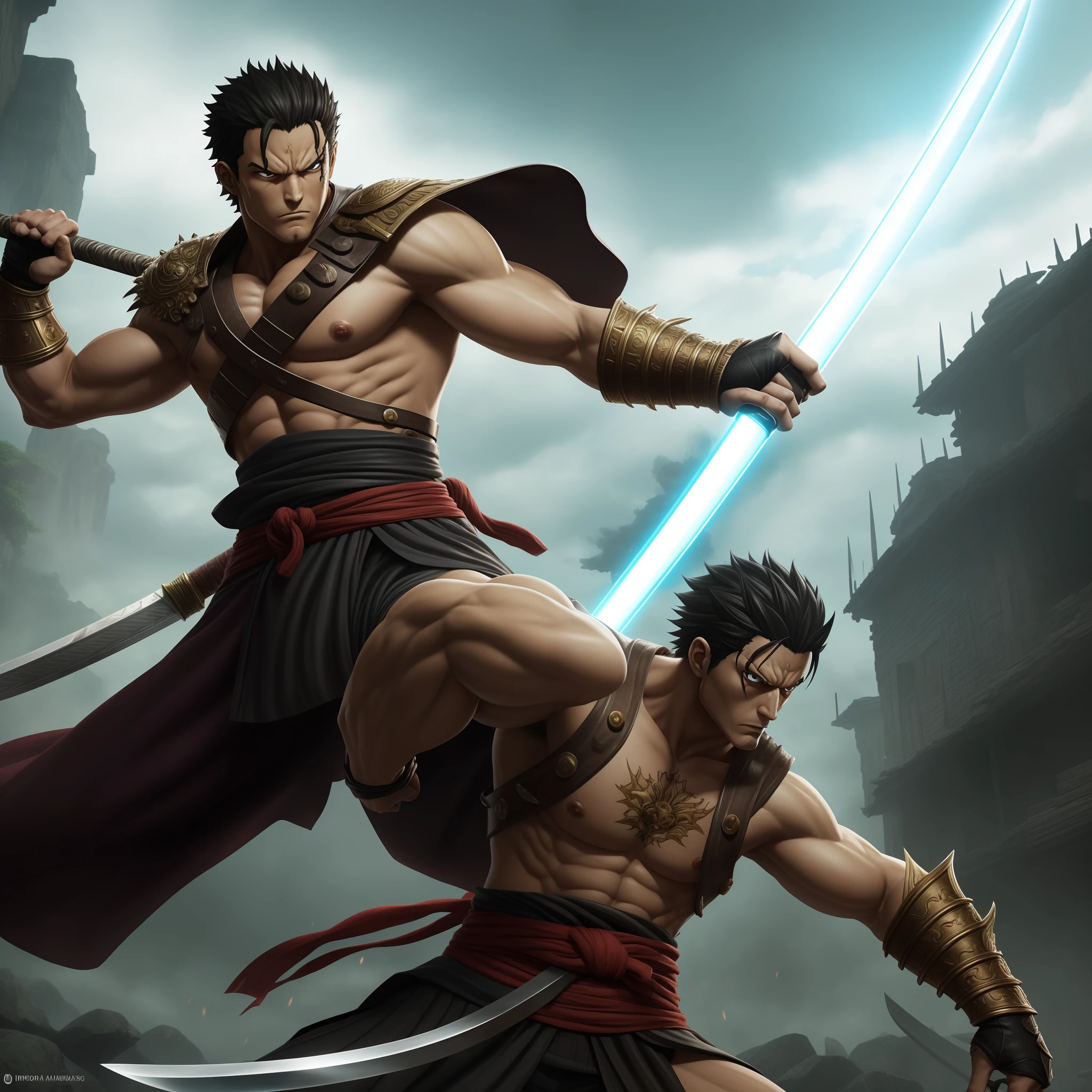 Imagine the astonishing fusion of two legendary warriors, where the indomitable Guts from Berserk merges seamlessly with the unparalleled swordsman Zoro from One Piece. This amalgamation is a testament to raw power and unparalleled swordsmanship, combining the relentless determination of a lone berserker with the unyielding spirit of a master swordsman.
His form is a harmonious blend of Guts' towering presence and Zoro's agile physique. Towering over foes, his muscular frame exudes both brute force and controlled finesse, a perfect embodiment of his dual heritage. His scars tell tales of battles won and trials endured, serving as a reminder of his unyielding resolve.
Adorning his body is an intricate armor that marries Guts' ferocity with Zoro's distinctive attire. The Dragon Slayer rests comfortably on his back, a testament to his monstrous strength and unbreakable will. Strapped across his waist are the legendary swords, three katana that symbolize both his mastery and his unstoppable quest for greatness.
His eyes reflect a determined focus honed by years of battle. Guts' fierce gaze and Zoro's unwavering determination combine, creating eyes that pierce through darkness and challenge fate itself. Each scar on his body represents a chapter of his epic journey, a testament to his unbreakable spirit.
In his hands, he wields the swords with unmatched precision. The Dragon Slayer cleaves through enemies with the force of a thunderous storm, while the three katana dance with Zoro's three-sword style, cutting through opponents with the precision of a master artisan.
His aura resonates with an aura of untamed power and calculated strategy. Guts' relentless Berserker Armor fuses with Zoro's unshakeable resolve, creating a warrior who can tap into unparalleled strength while maintaining complete control. This synergy of strength and technique is a force to be reckoned with.
His battleground is a fusion of the grim Berserk world and the vibrant One Piece universe. Ruin