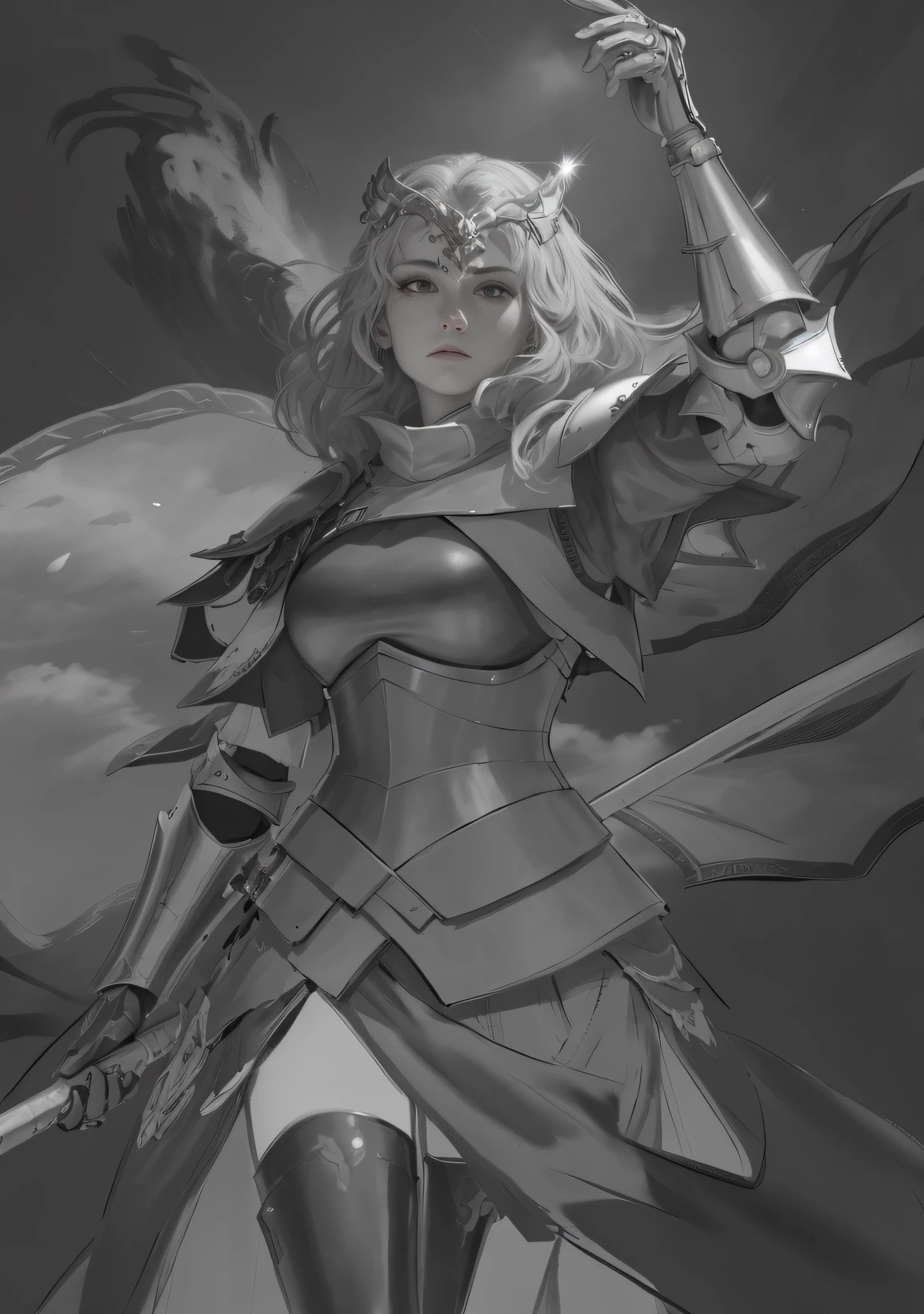((Best quality)), ((masterpiece)), (highly detailed:1.3),muskateer,armor,In a land plagued by the ravages of war, the destiny of a beautiful woman unfolds. Born into a humble life as a peasant in a rural village, she possesses a spirit that burns with determination and resilience. But when the drums of conflict echo through the land, her path takes an unexpected turn.Drawn by the call to defend her people, she is chosen to join an elite military order known as the Musketeers. Adorned in the fabled armor of the order, she emerges as a symbol of hope and strength. The images in this series showcase the journey of this remarkable woman as she embraces her newfound role and faces the trials of battle.The details of her armor are meticulously crafted, reflecting both functionality and (beauty:1.2). The images highlight the (intricate engravings:1.2), the gleam of (polished metal:1.2), and the (ornate:1.4) embellishments that adorn her protective gear. From the (majestic:1.2) plume atop her helmet to the delicate filigree on her breastplate, every aspect of the armor tells a story of honor and heritage.As the young musketeer ventures into the realm of warfare she wields her weapon with a combination of grace and strength, showcasing her skill in the art of combat. Each image captures a pivotal moment, freezing time to display the determination in her eyes, the whirlwind of action around her, and the ethereal glow of magic interwoven with her strikes.But the story extends beyond the battlefield. The images also delve into the personal struggles, friendships, and sacrifices that shape her journey. They reveal quiet moments of reflection, as she contemplates the weight of her duty and the toll of war upon her soul. Through the series, we witness her growth as she finds her place among her comrades, forging unbreakable bonds that transcend the chaos of battle.Within the tapestry of this fantastical world, the young musketeer's story unfolds. She embodies courage, resilience, and the indomitable spirit of those who rise above their circumstances. The images invite the viewer to witness her evolution from a humble peasant to a valiant defender, highlighting both the external transformation and the internal strength that propels her forward.As you bring this series of images to life, pay close attention to the intricate details of her armor. Let it become a visual representation of her journey, a tangible symbol of her growth and determination. May the beauty and power of the musketeer's tale inspire both awe and admiration, reminding us all of the strength that resides within us, waiting to be unleashed,HDR (High Dynamic Range),Ray Tracing,NVIDIA RTX,Super-Resolution,Unreal 5,Subsurface scattering,PBR Texturing,Post-processing,Anisotropic Filtering,Depth-of-field,Maximum clarity and sharpness,Multi-layered textures,Albedo and Specular maps,Surface shading,Accurate simulation of light-material interaction,Perfect proportions,Octane Render,Two-tone lighting,Low ISO,White balance,Rule of thirds,Wide aperature,8K RAW,Efficient Sub-Pixel,sub-pixel convolution,luminescent particles