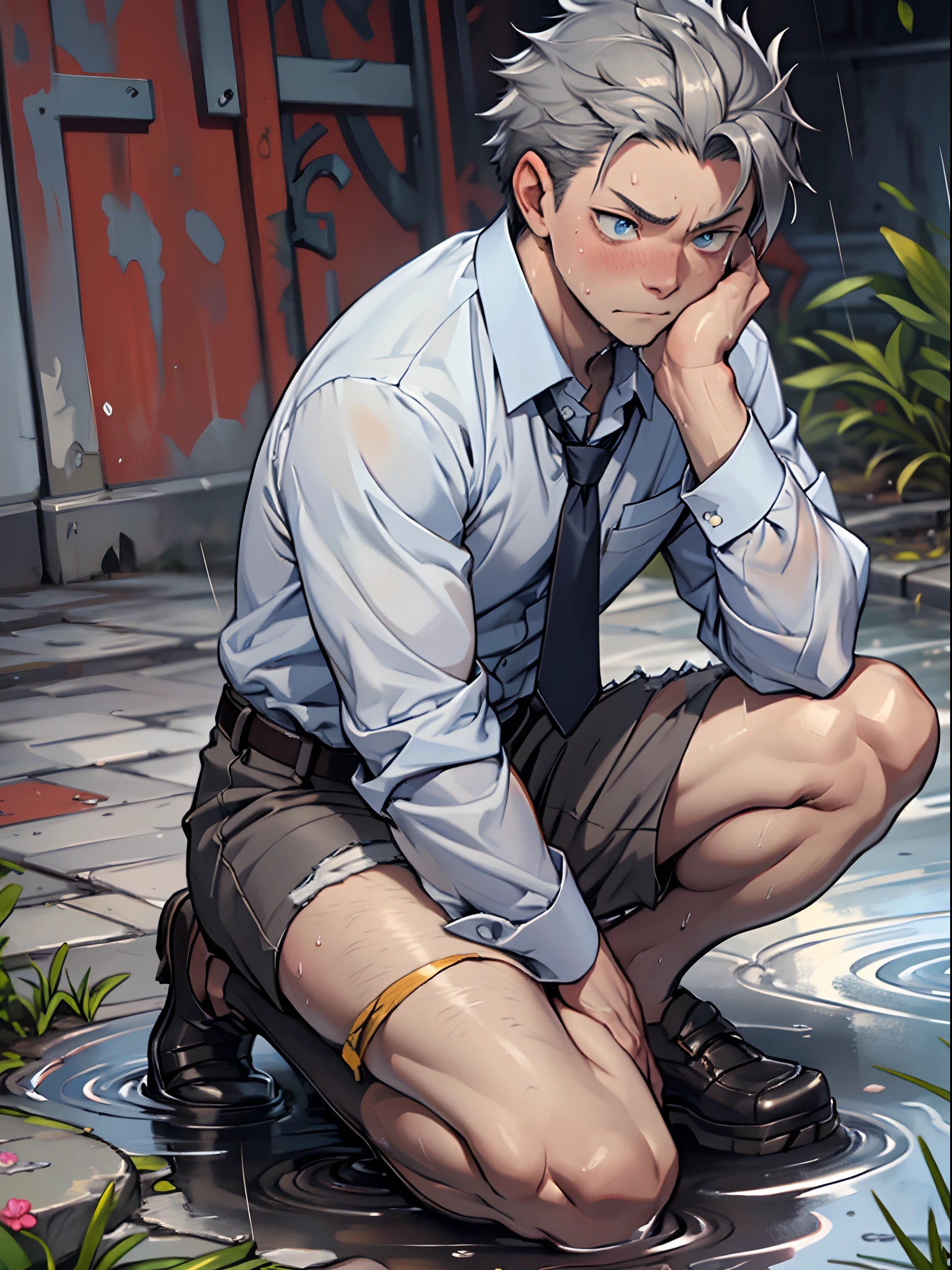 （1 Adult male），A high resolution， Sharp focus， Pixiv masterpiece， （（Complicated details））， highly  detailed， natsuki_subaru， 1 man，perfect male figure，Urine on the trouser leg， Nervously bow your head，is shy，embarressed，exhilarated，is shocked，panicking，worry，A pool of urine formed around him，Very eager to pee，Unbearable，Wet yourself，Urine discharge，full bodyesbian，sit astride，Tired，decadent， blue color eyes（eyes glowing）， Short yellow hair，white  shirt，Wear a tie，Wear a belt，trousers，perspire，Drenched，Get wet，pissing，urine flows down the pants，look from down