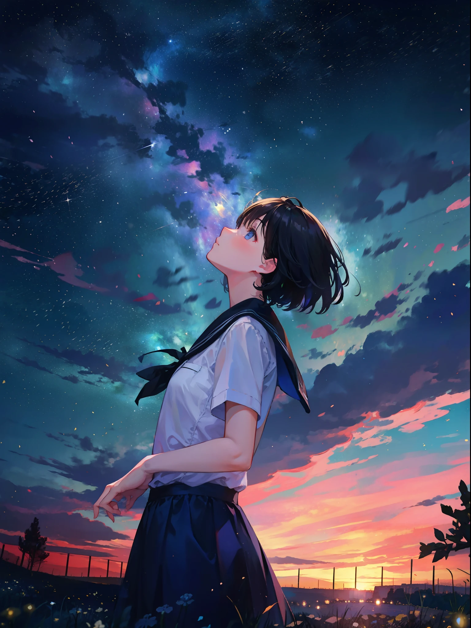 under the starry night sky，A girl，head looking up，looking at the stars