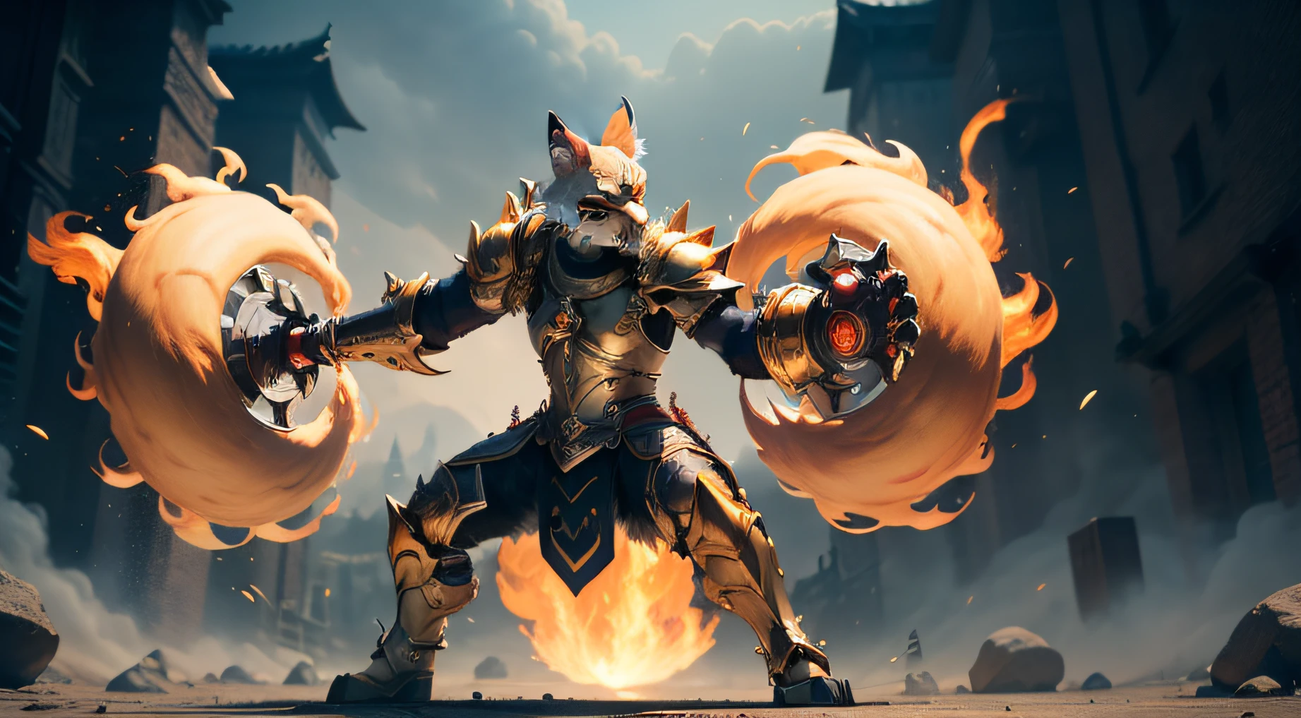 The head of the cat,The human body,Wear dazzling armor,Hand that Vajra claw,There is a fight,Fighting surrounded by smoke,UHD resolution,3d effect,Full body like,in a panoramic view