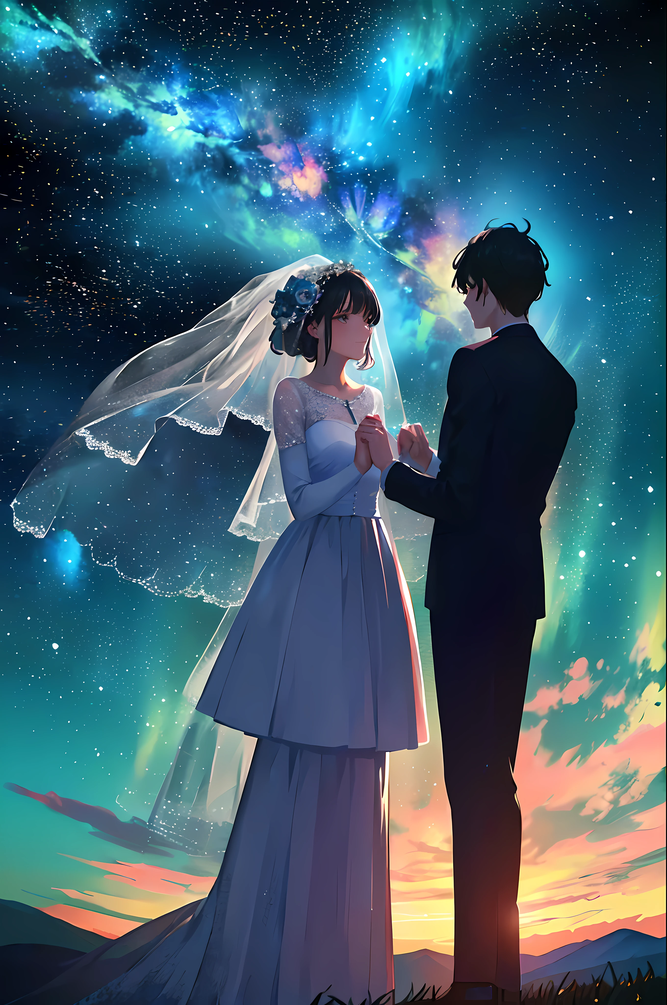 (((quality: Best picture quality))), ((Painting style: 𝓡𝓸𝓶𝓪𝓷𝓽𝓲𝓬)), (newlyweds:1),(Look at the stars at the top of the mountain),(wedding gown),(Business suit),(Shine the stars:1.5), Romantic couple photos, cinematic Film still from