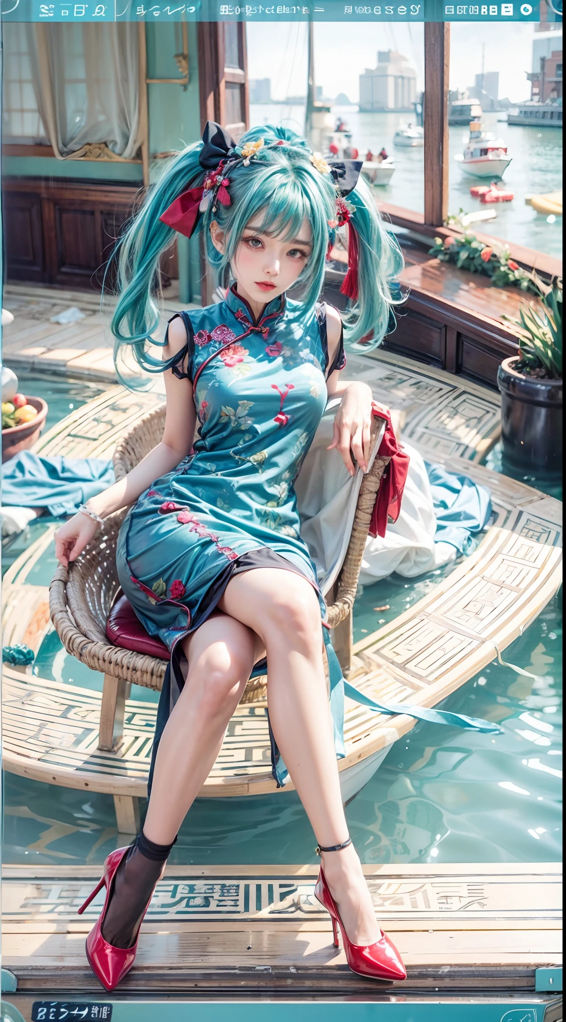 Aqua blue hair，Bow hair ornament，seductiveexpression,on cheongsam，Black socks，red high heel pumps，Perfect body curves，Boat，Perspectiva subjetiva，movie level lighting，best qualtiy，16k，A high resolution