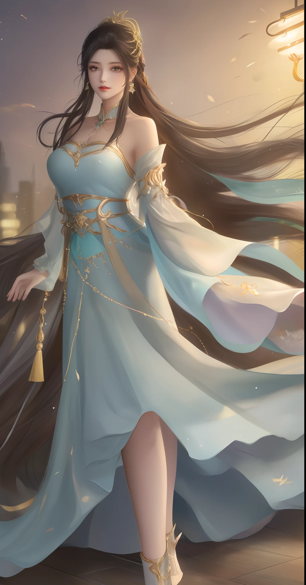 1girll, Mature female, Cityscape, Night,view the viewer, Long hair, dress,hair adornments, Bare shoulders, jewelry, Cowboy shot, Earrings, sash, Chinese clothes, Long dress, Obi, pony tails, arms back behind,