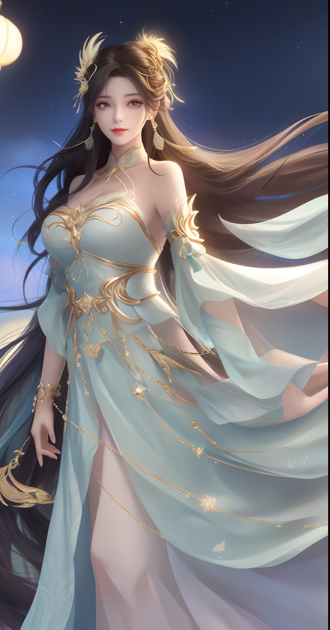 1girll, Mature female, Cityscape, Night,view the viewer, Long hair, dress,hair adornments, Bare shoulders, jewelry, Cowboy shot, Earrings, sash, Chinese clothes, Long dress, Obi, pony tails, arms back behind,