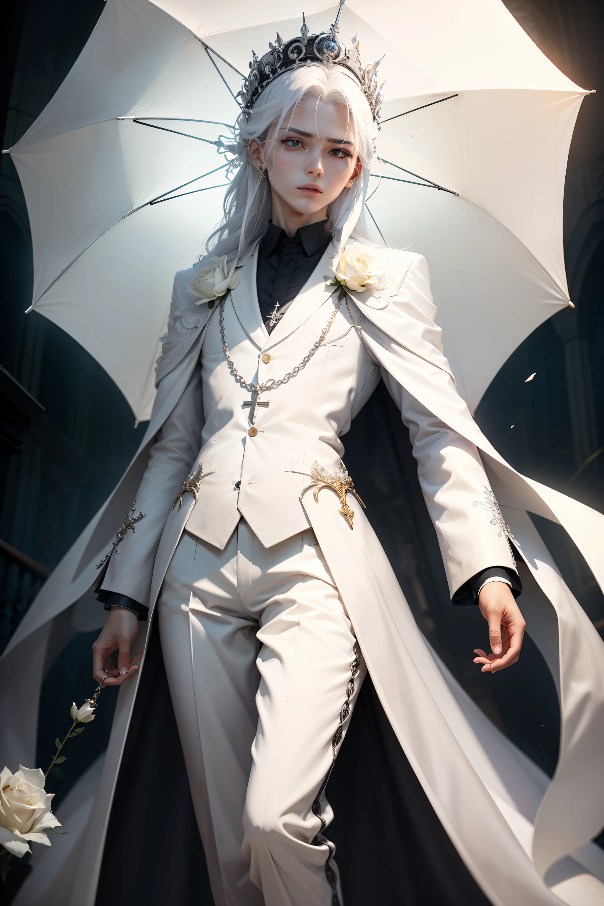 White suit,quadratic element,long trousers,Gothic,Kizi,White umbrella,Cross pendant,White rose flower arrangement,Pleats,Crown of Thorns tiara,lo伞,full dressed,femele