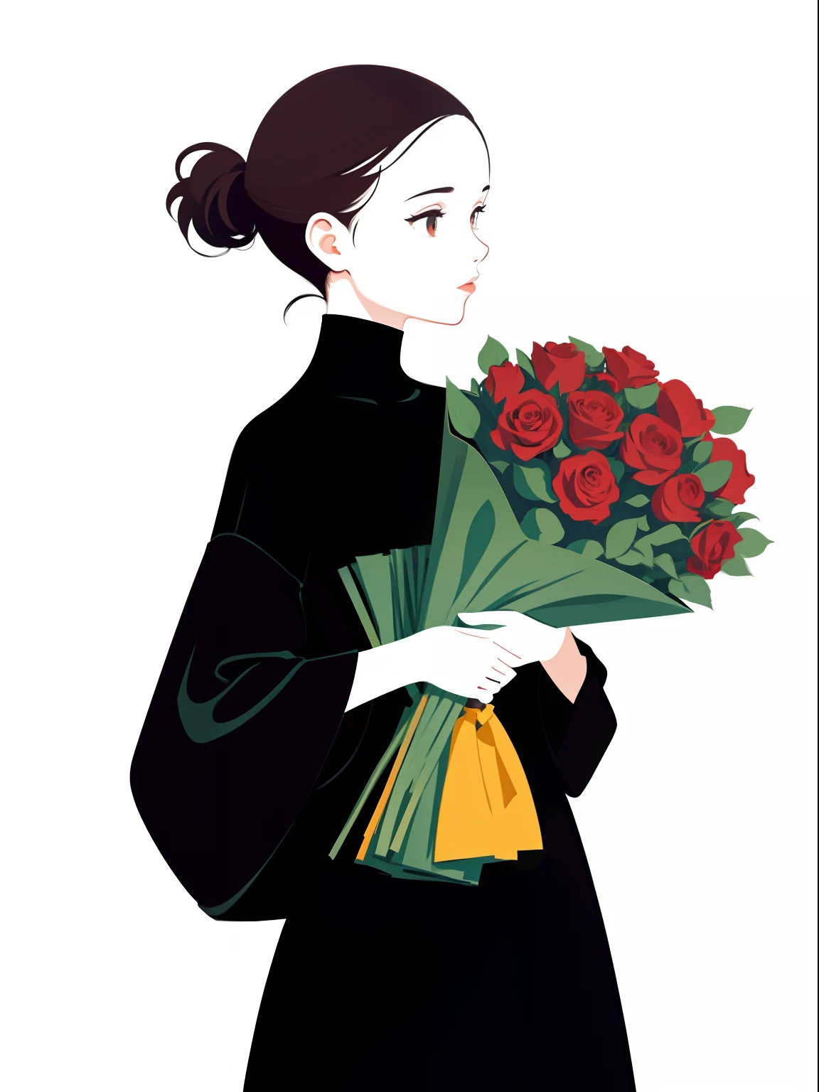 A girl carrying a big bouquet of roses, in the style of figurative minimalism, warm color palette, utilitarian, organic shapes and lines, illustration, danish design, facing front, white background, flat illustrations --ar 9:16 --niji 5 -