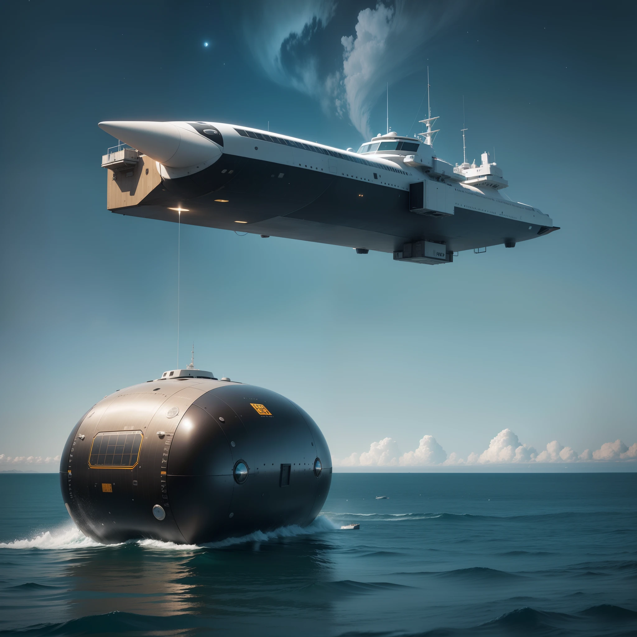there is a large black boat that is floating in the water, photo still, cryogenic pods, apollo, landed spaceship in background, photo still of, closeup shot, space craft, cover shot, spaceship being repaired, small spacecraft in background