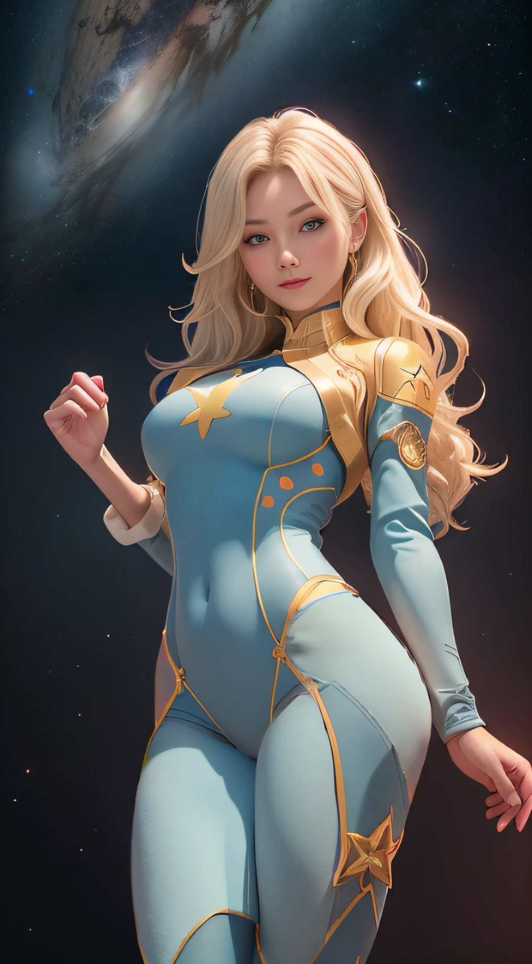 beautiful blonde girl, large breasts, 1950' sci-fi space costume, skimpy, sexy, looking at camera, seductive smile, legs apart, space gun, sheer material